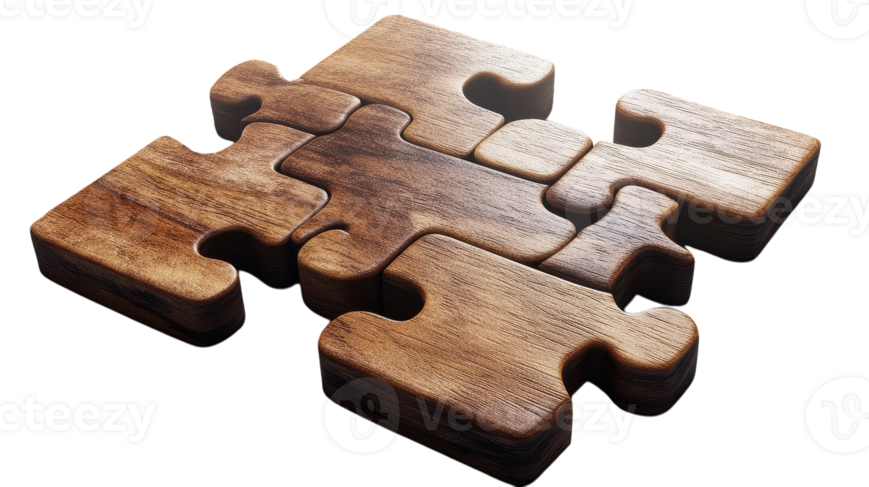 Wooden puzzle pieces assembled together creating an intricate pattern on a transparent background. png