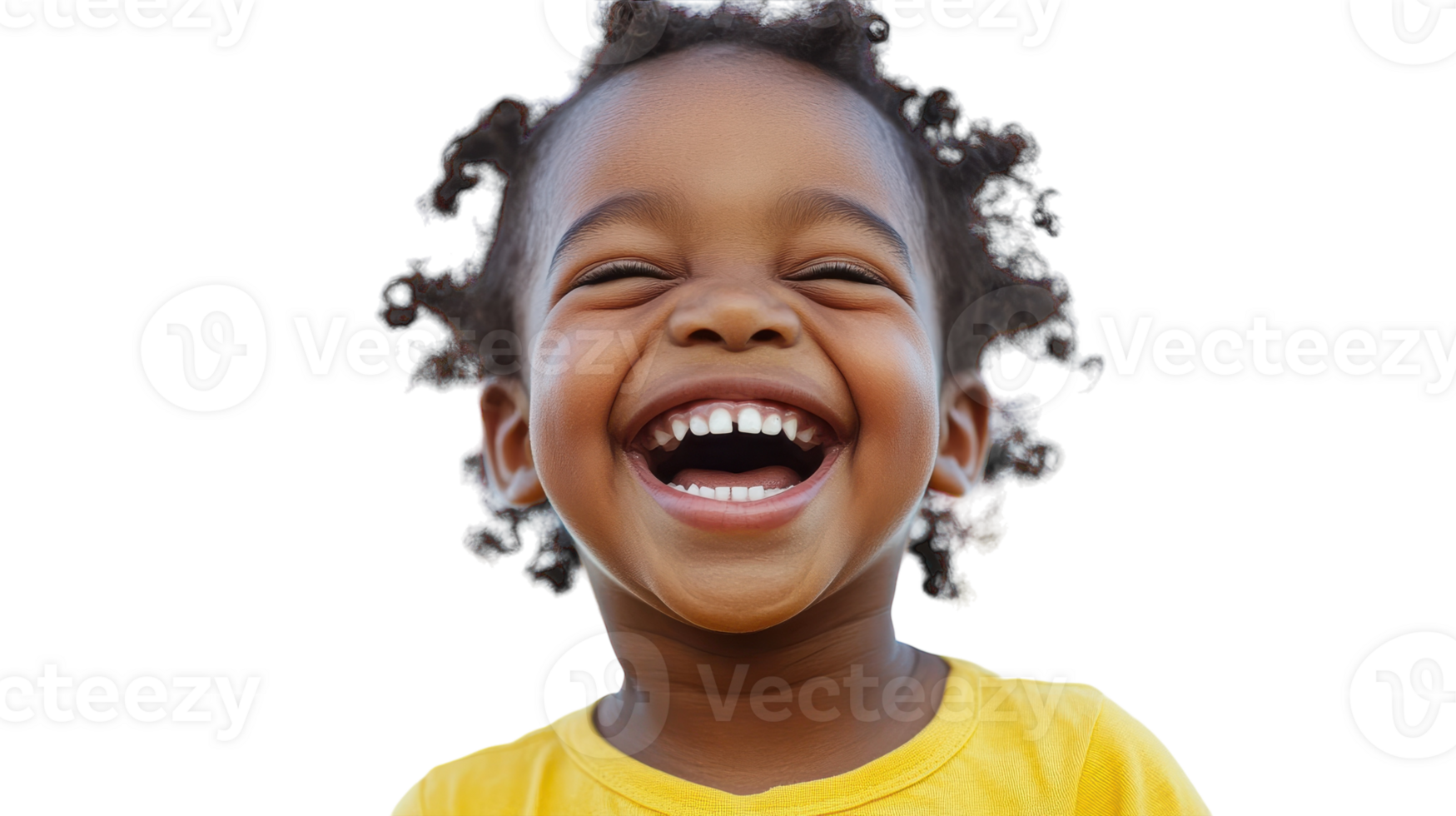 A joyful child in a yellow shirt smiling brightly against a neutral background, capturing a moment of pure happiness. png