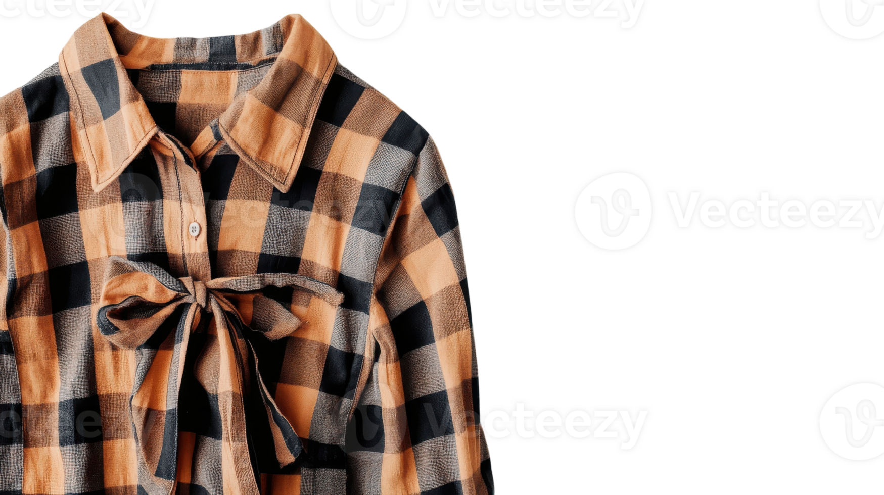 Stylish plaid shirt with a bow tie detail displayed against a transparent background for fashion and design purposes. png