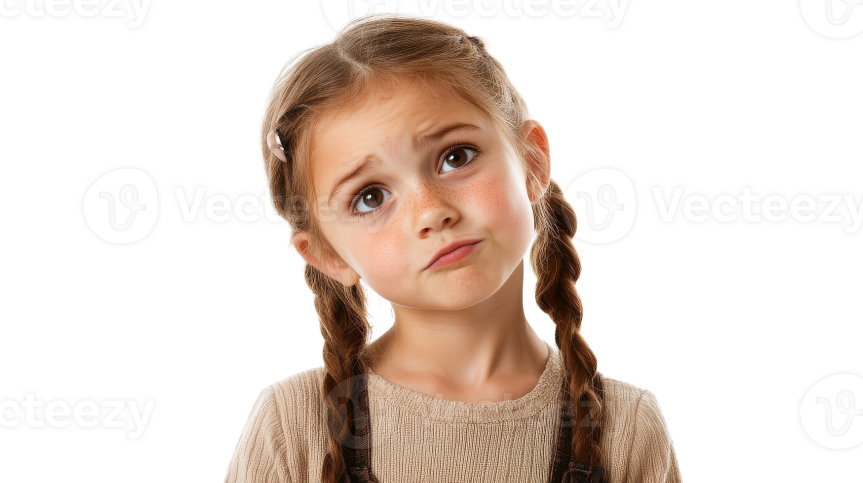 Young girl with pigtails shows a puzzled expression while standing against a neutral background during daylight hours. png