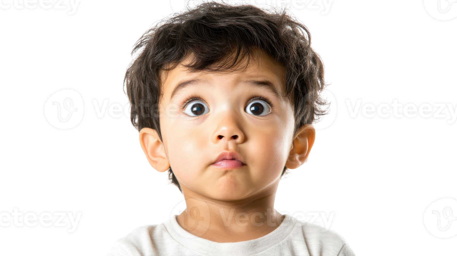 A small child with wide eyes showing curiosity while standing against a blank background in a well-lit setting. png