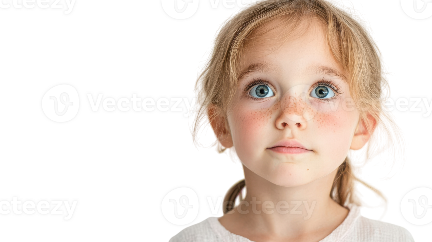 Young child with blonde hair and blue eyes looking curiously at the camera against a plain background in a bright indoor setting. png