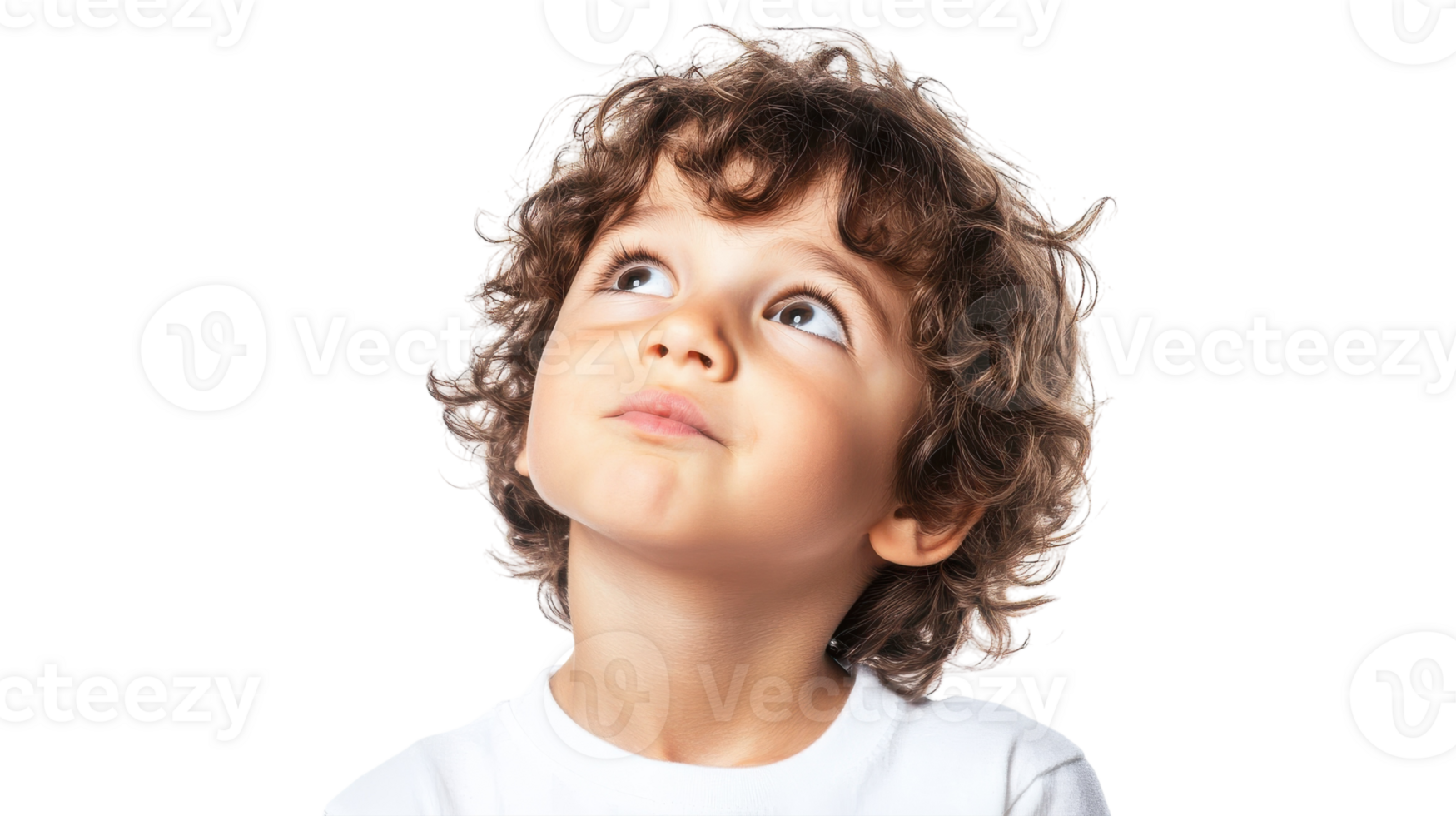 Young child with curly hair looking upwards in curiosity, captured indoors during daylight hours. png