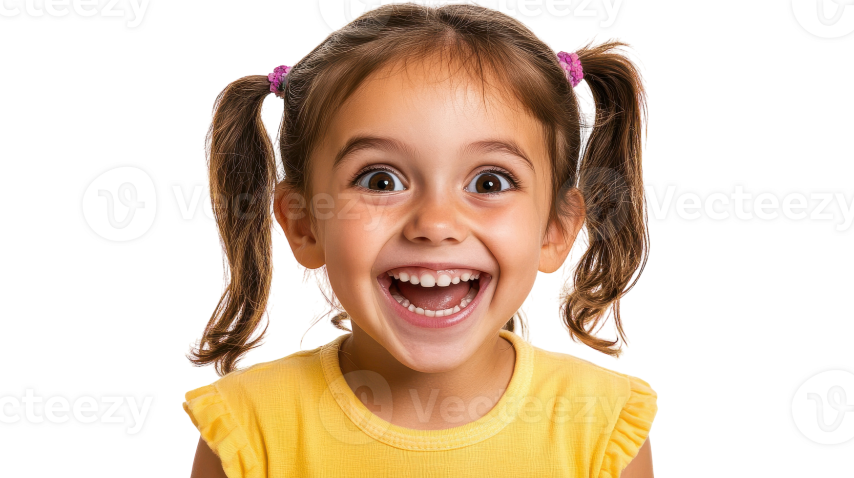 Young girl with pigtails joyfully smiling in a bright yellow shirt, showcasing pure happiness against a neutral background. png