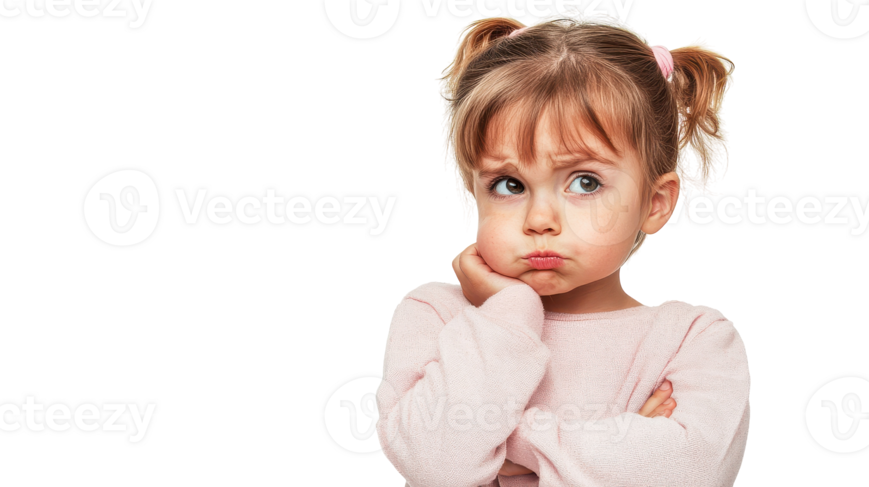 Little girl with a thoughtful expression, wearing a pink sweater at home, pondering over a decision during a quiet afternoon. png