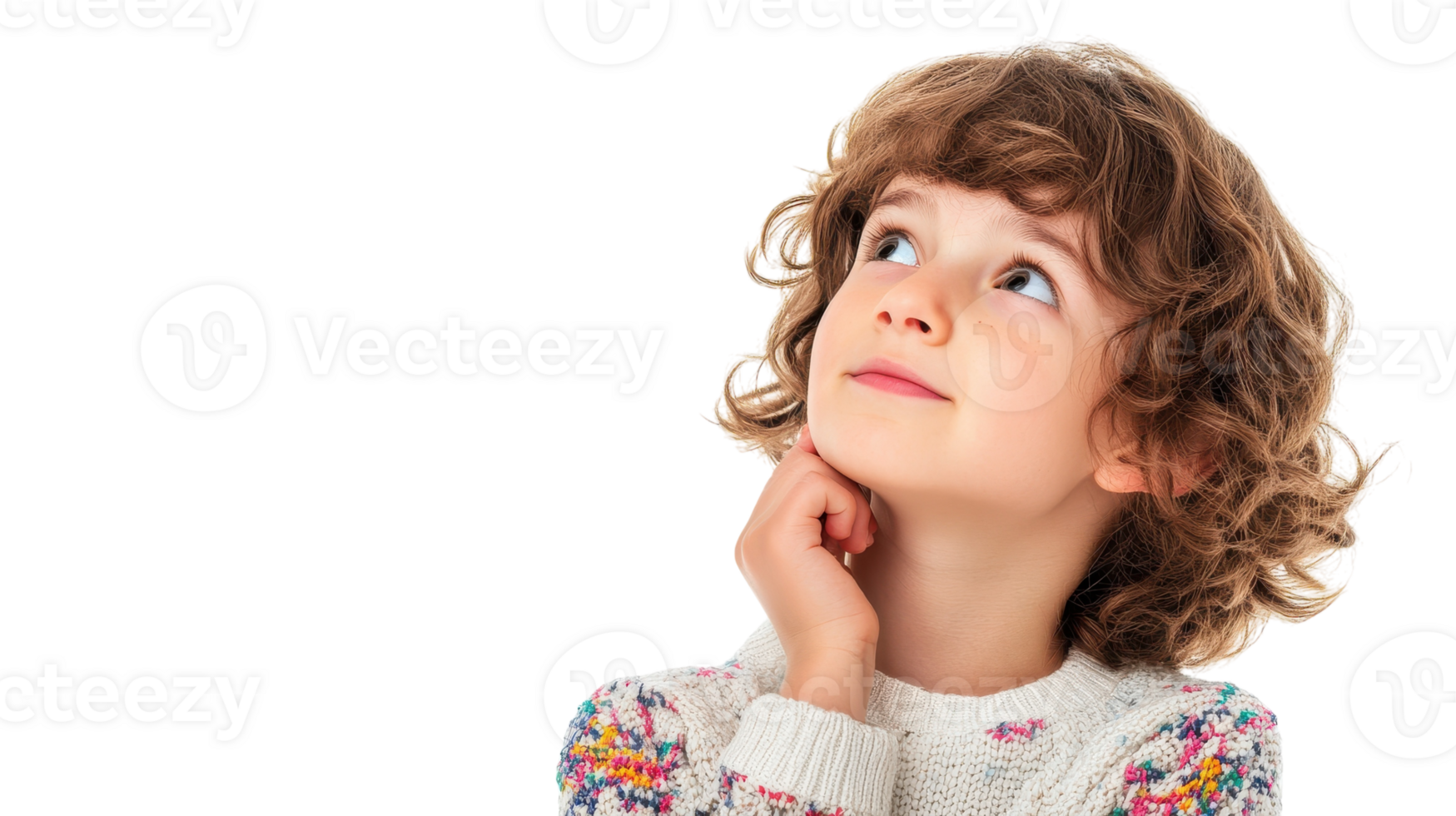 A young child with curly hair thoughtfully gazing upwards in a creative setting, showcasing curiosity and imagination during a bright afternoon. png