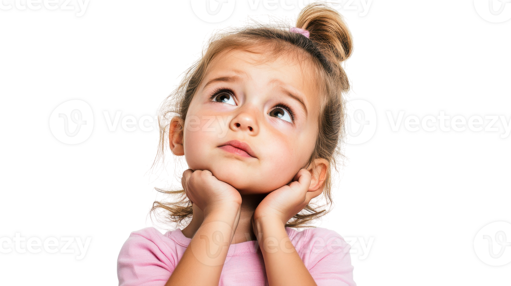 A young girl with a contemplative expression gazes upward while resting her chin on her hands, captured in a bright room. png