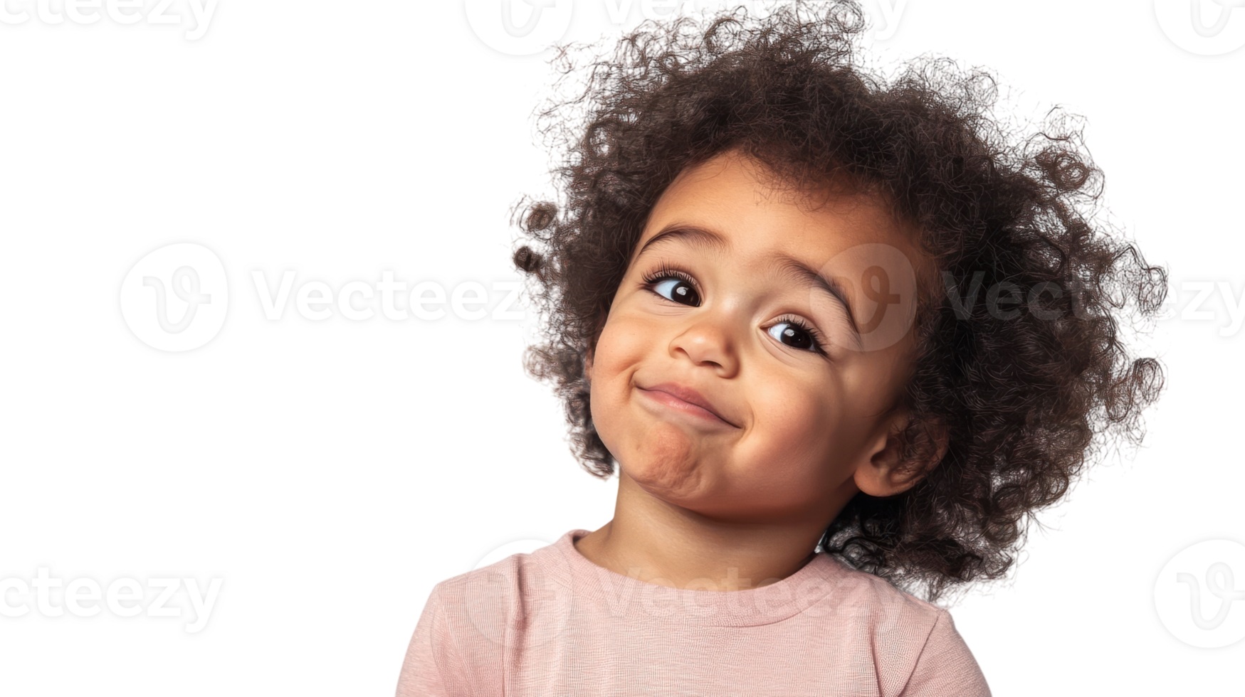 Adorable young child with curly hair making a playful expression against a transparent background. png
