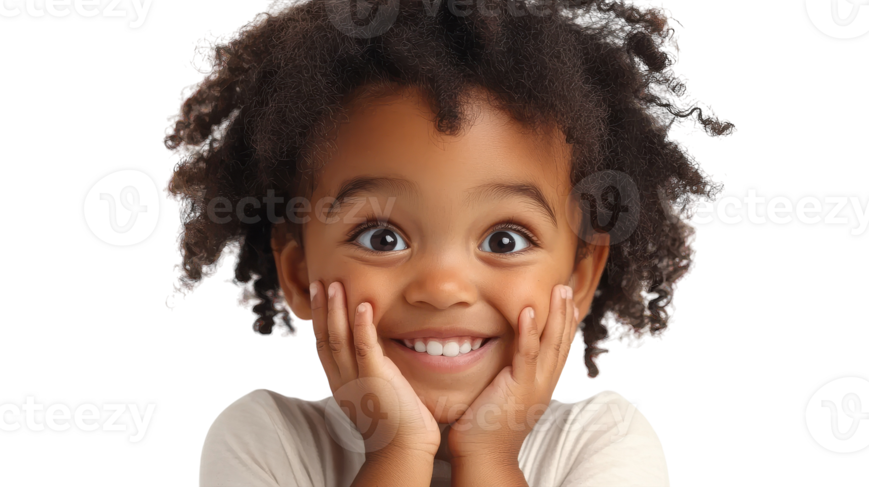 A joyful young child smiles brightly while resting hands on cheeks, showcasing excitement and innocence against a plain background. png