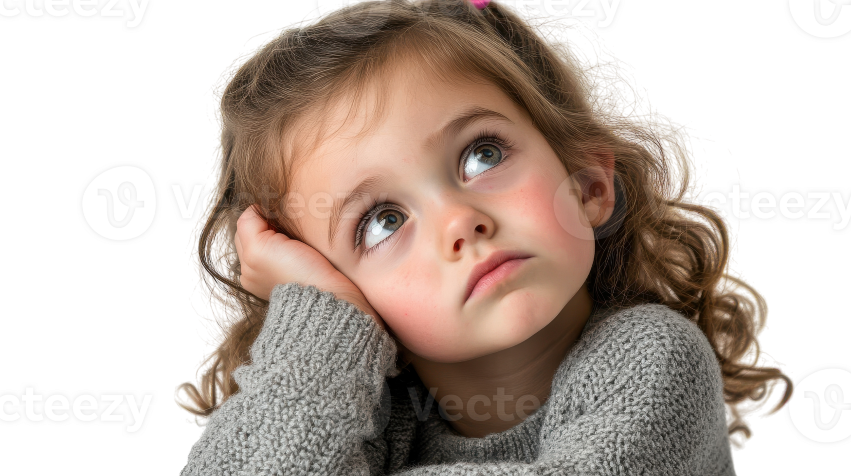 Curious child with curly hair gazes thoughtfully while resting her head on her hand in a cozy sweater against a light background. png