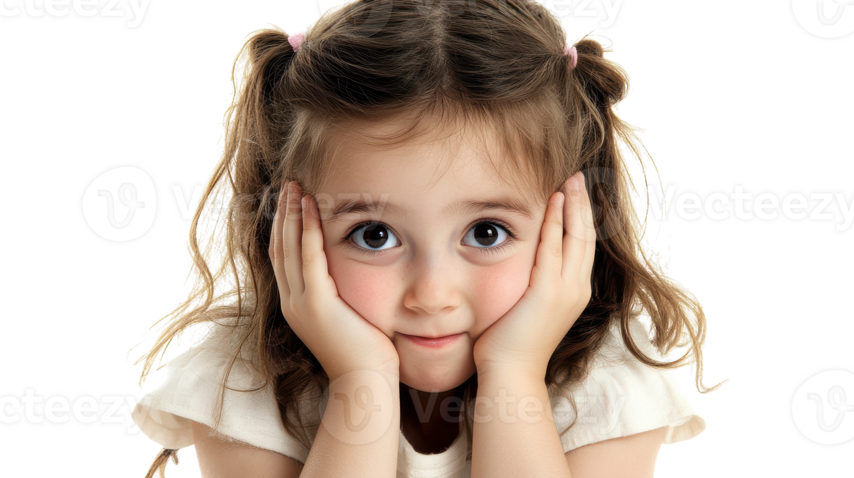 A young girl with a charming expression holds her cheeks in surprise while looking directly at the camera against a plain background. png