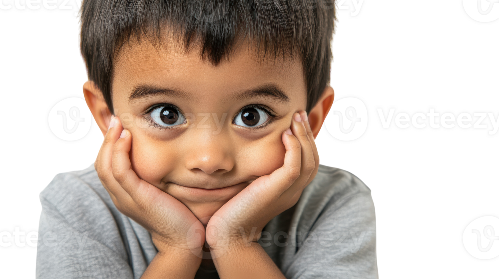 A young child with a playful expression resting their chin on their hands and smiling cheerfully, captured in a bright atmosphere at home. png