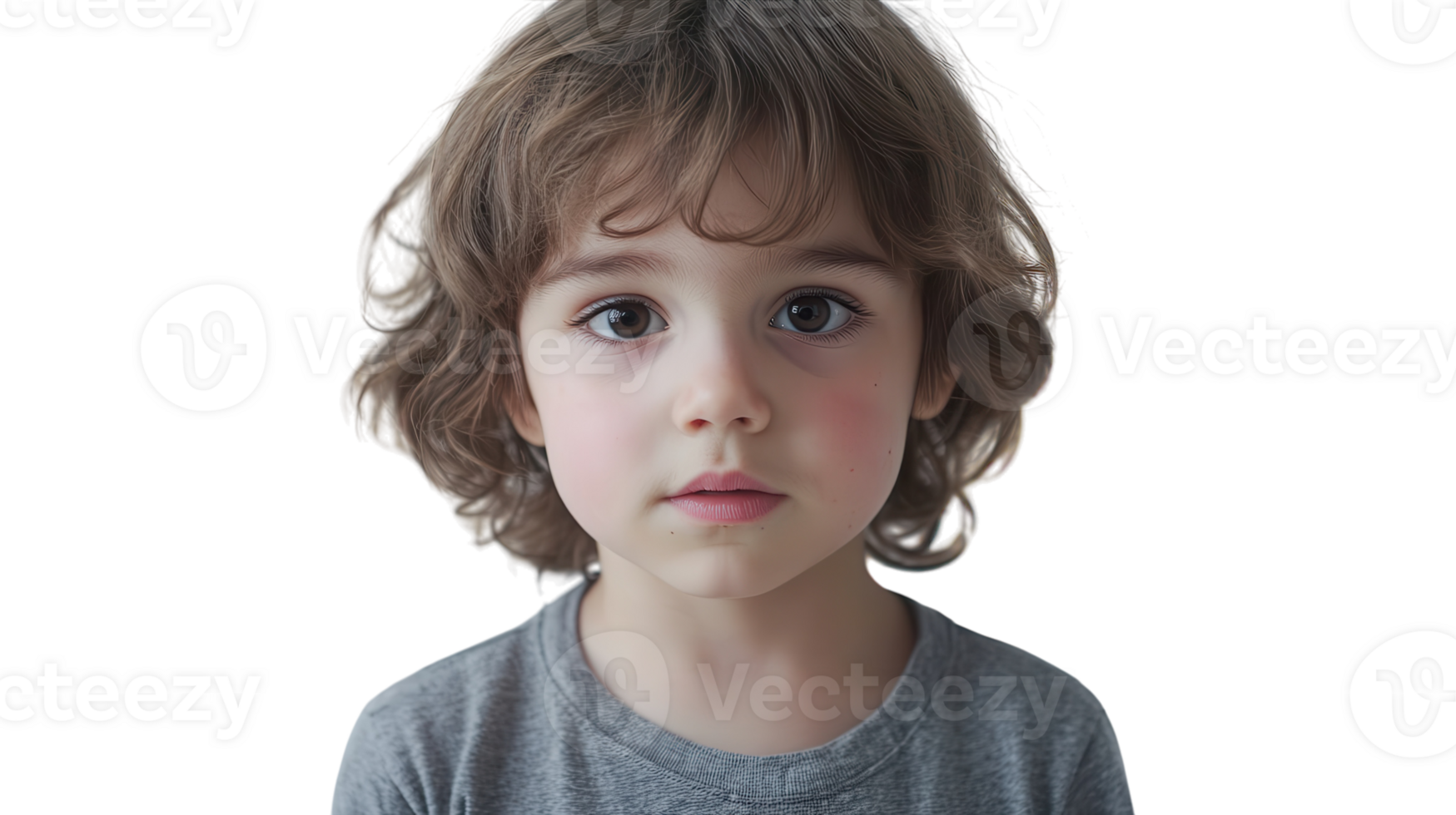 A young child with curly hair and a gray shirt standing against a plain background, looking directly at the viewer with a thoughtful expression. png