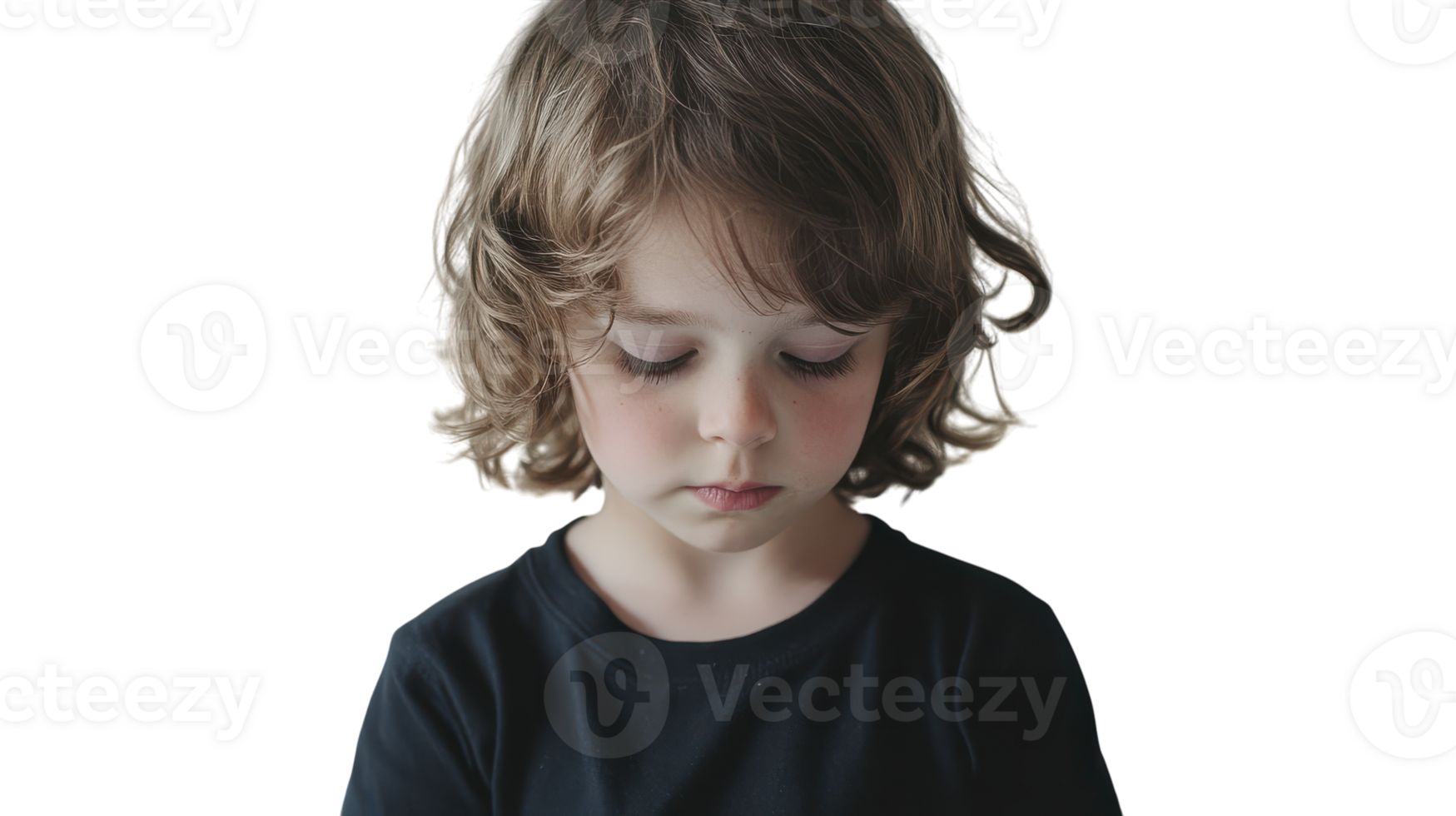 A thoughtful child with curly hair looking down while wearing a black shirt, captured in a studio setting with a neutral background. png