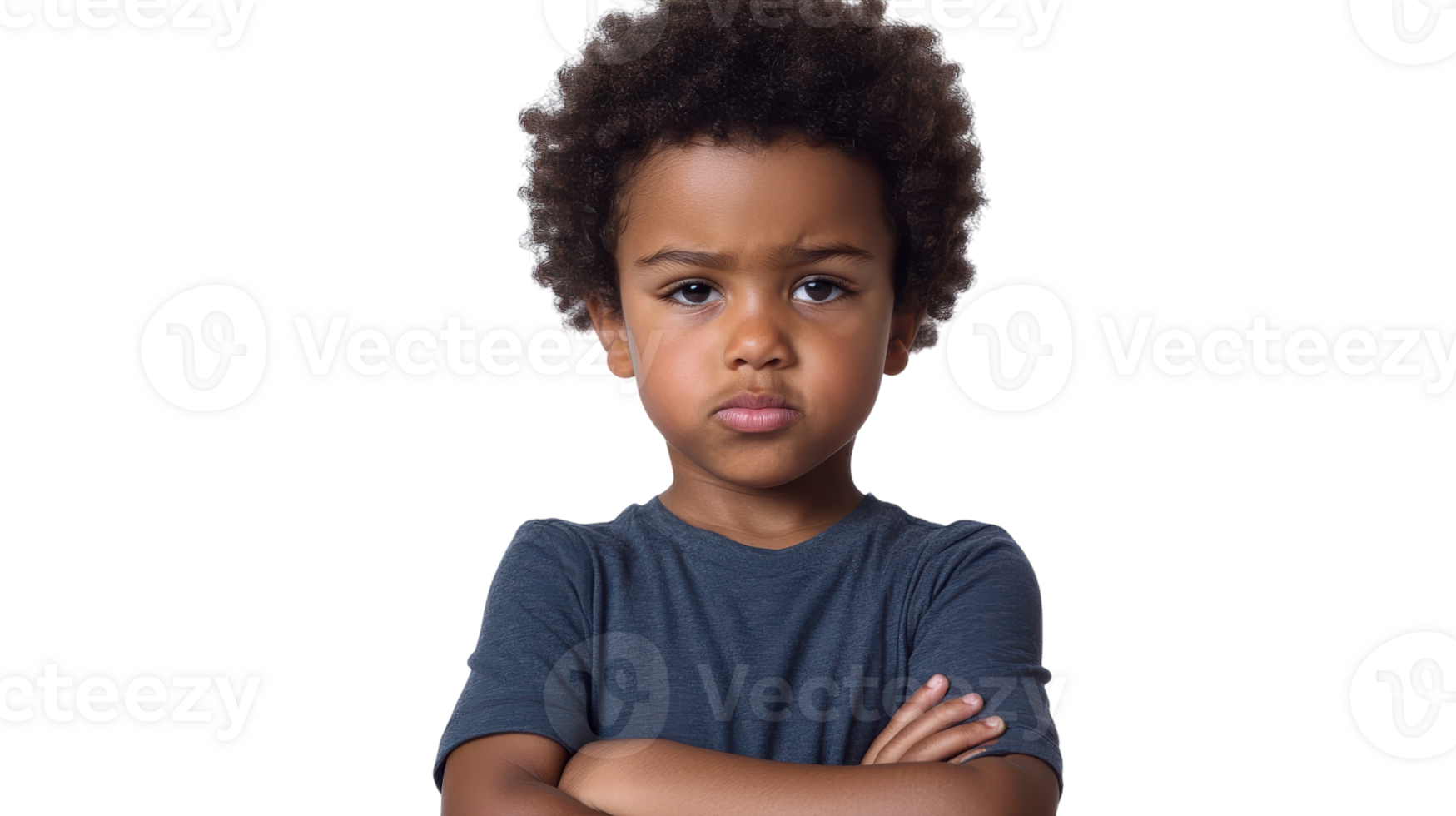 A young child with curly hair stands confidently with arms crossed, expressing a serious demeanor in a neutral setting. png