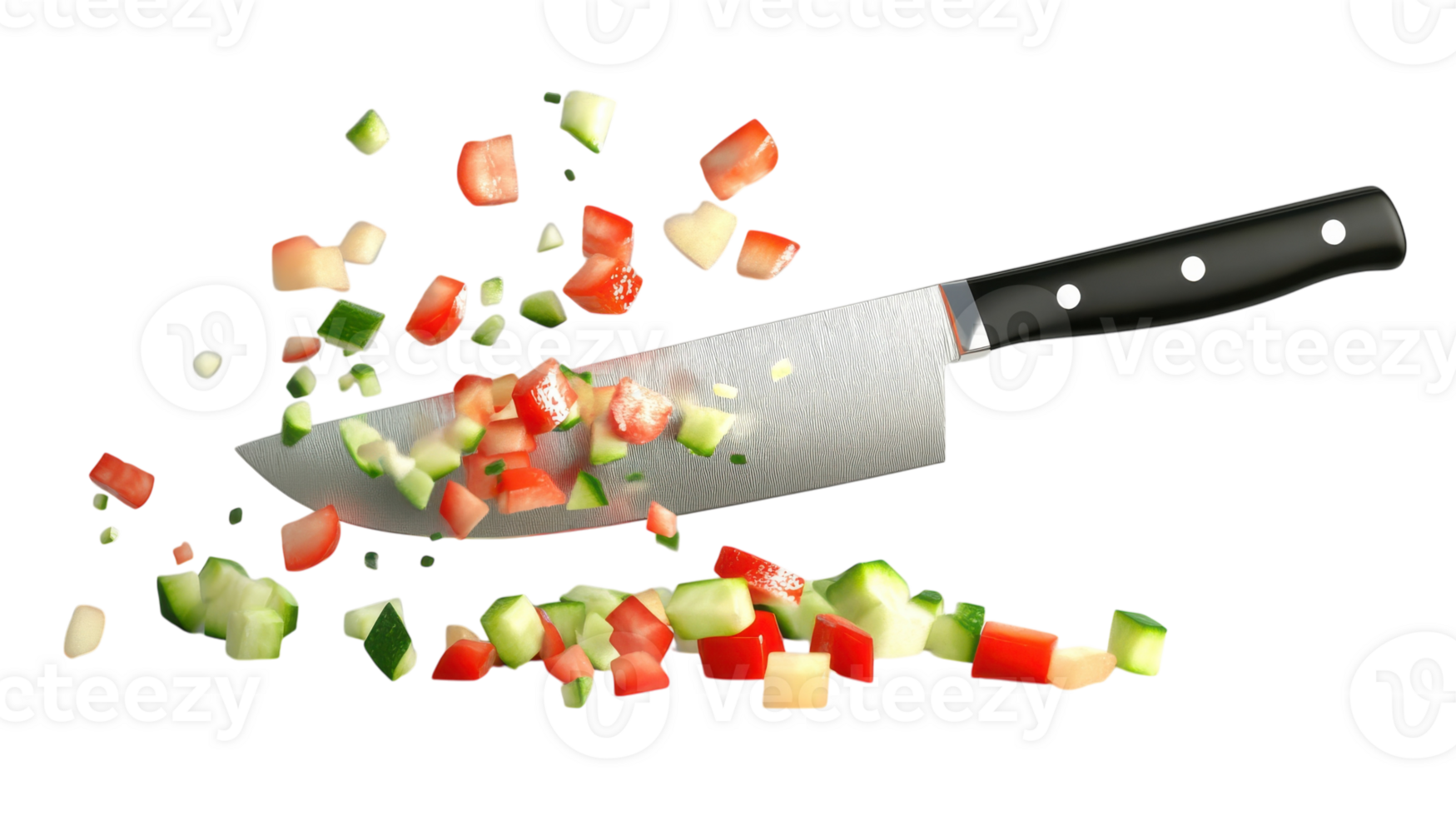 Chopping vegetables with a sharp knife creating a vibrant mixture in a kitchen setting. png