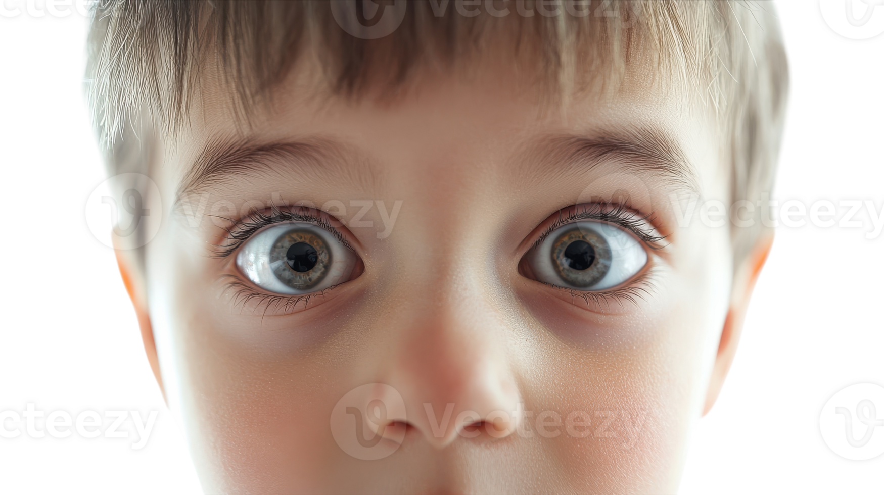 A child with wide-open eyes expressing surprise, showcasing curiosity and innocence in a close-up setting. png