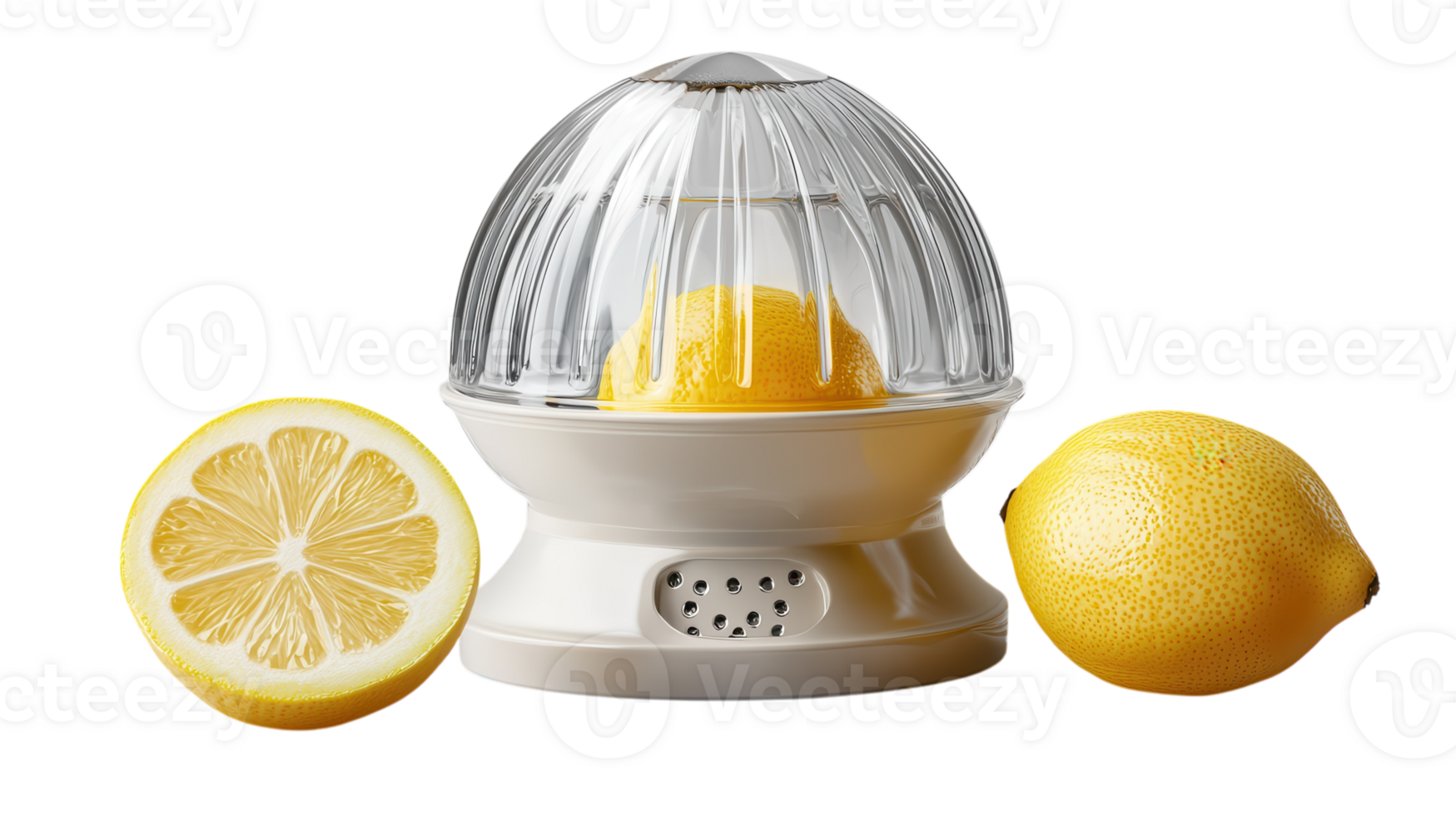 Lemon squeezer with fresh lemons on a clean background in a kitchen setting during daylight hours. png