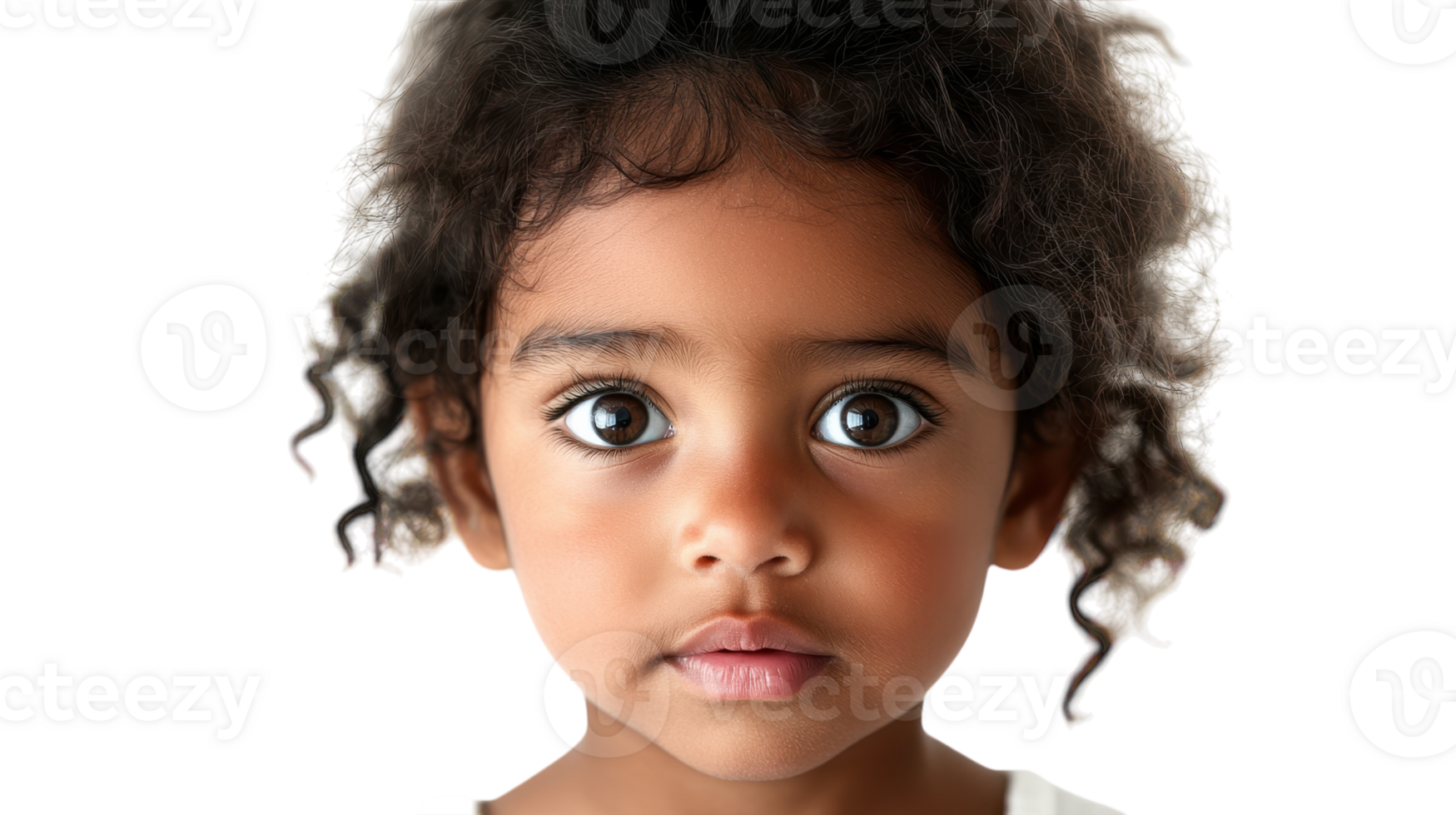 A young child with curly hair and captivating eyes looking directly at the camera, set against a simple background. png