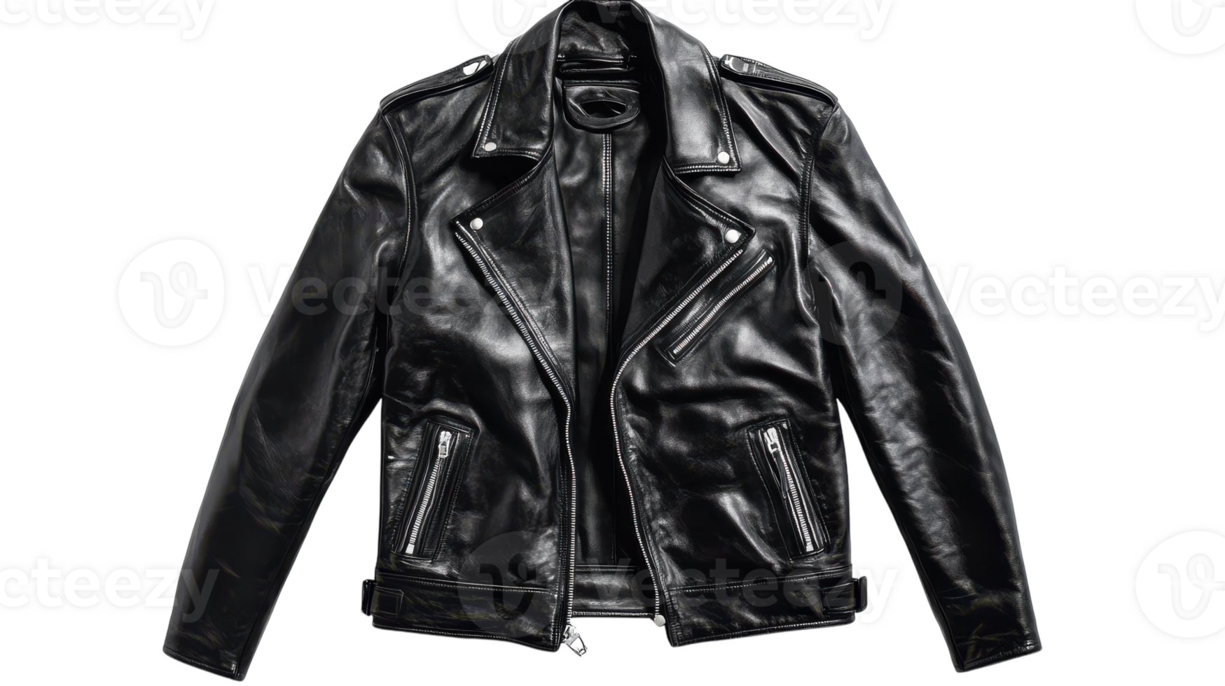 Stylish black leather motorcycle jacket on a transparent background showcasing its sleek design and detailing for fashion enthusiasts. png