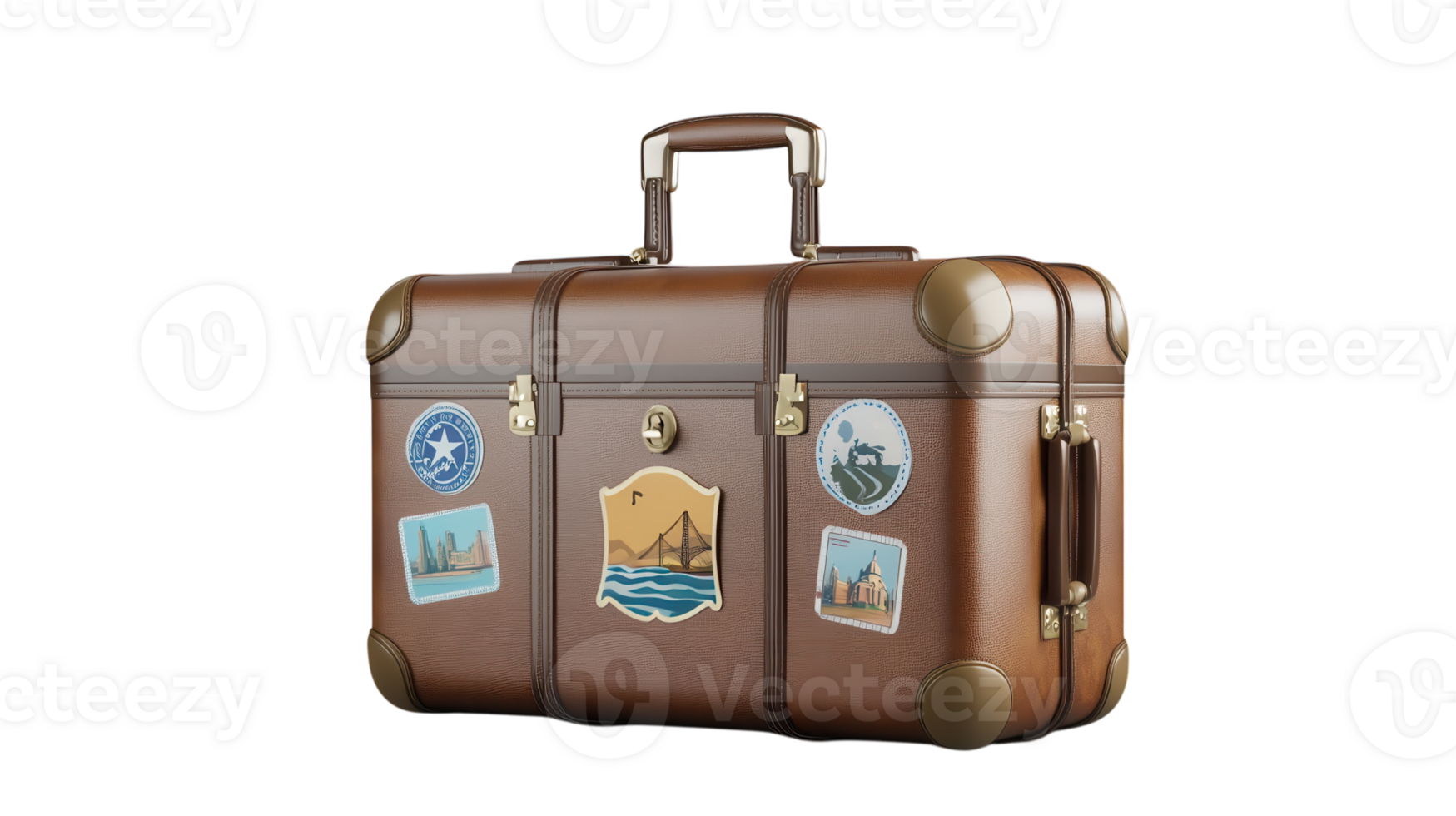 A vintage brown suitcase adorned with travel stickers resting on a clean surface, emphasizing a sense of adventure and exploration. png