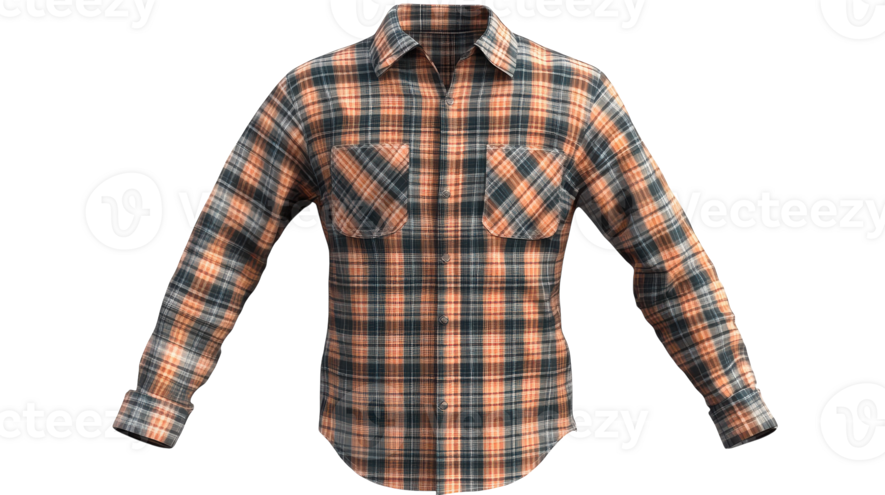A classic plaid flannel shirt hanging in a light setting, showcasing its design and colors on a transparent backdrop. png