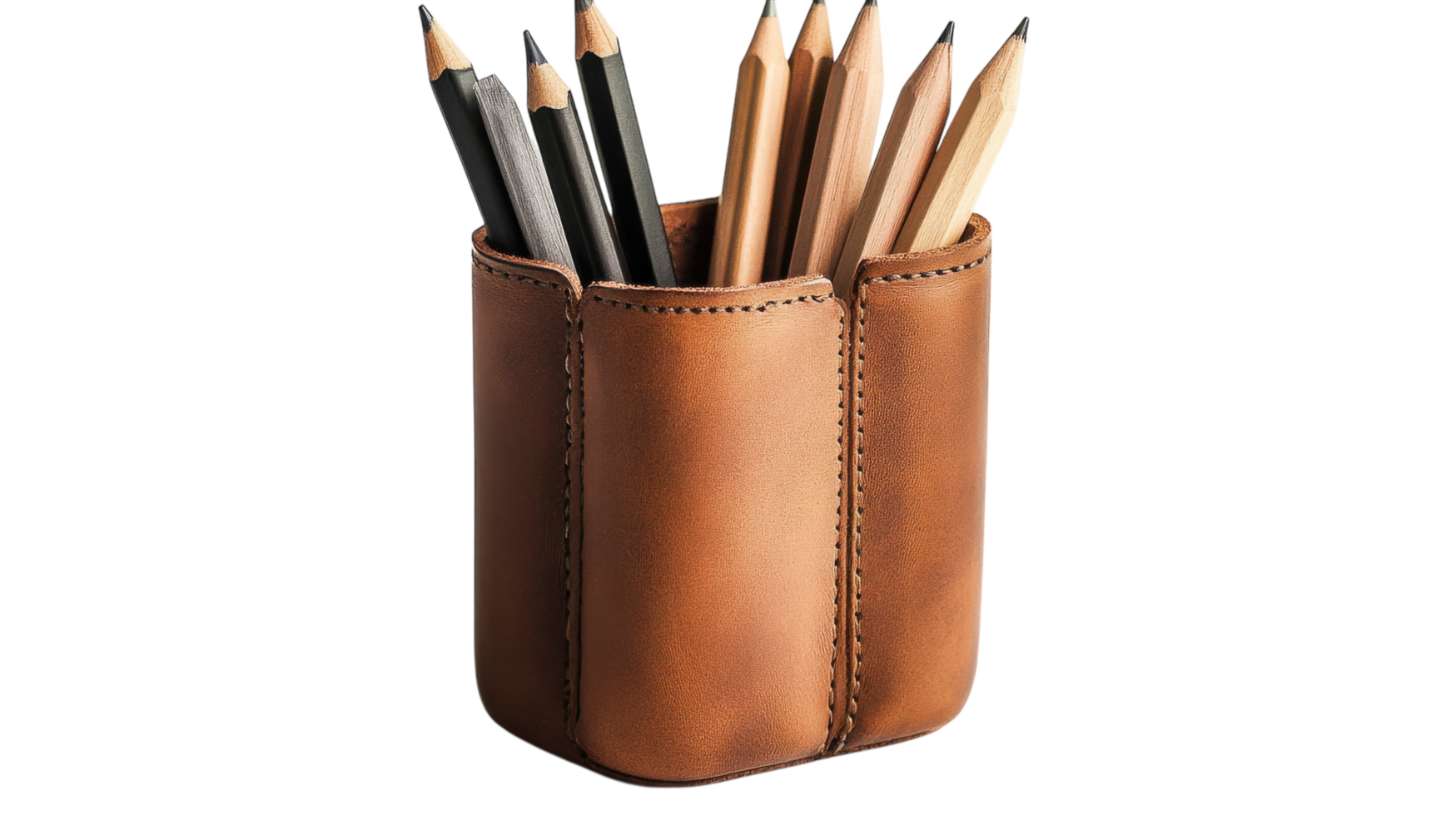 Elegant Leather Pencil Holder with Multiple Compartments for Organized Storage of Writing Instruments and Office Supplies. png