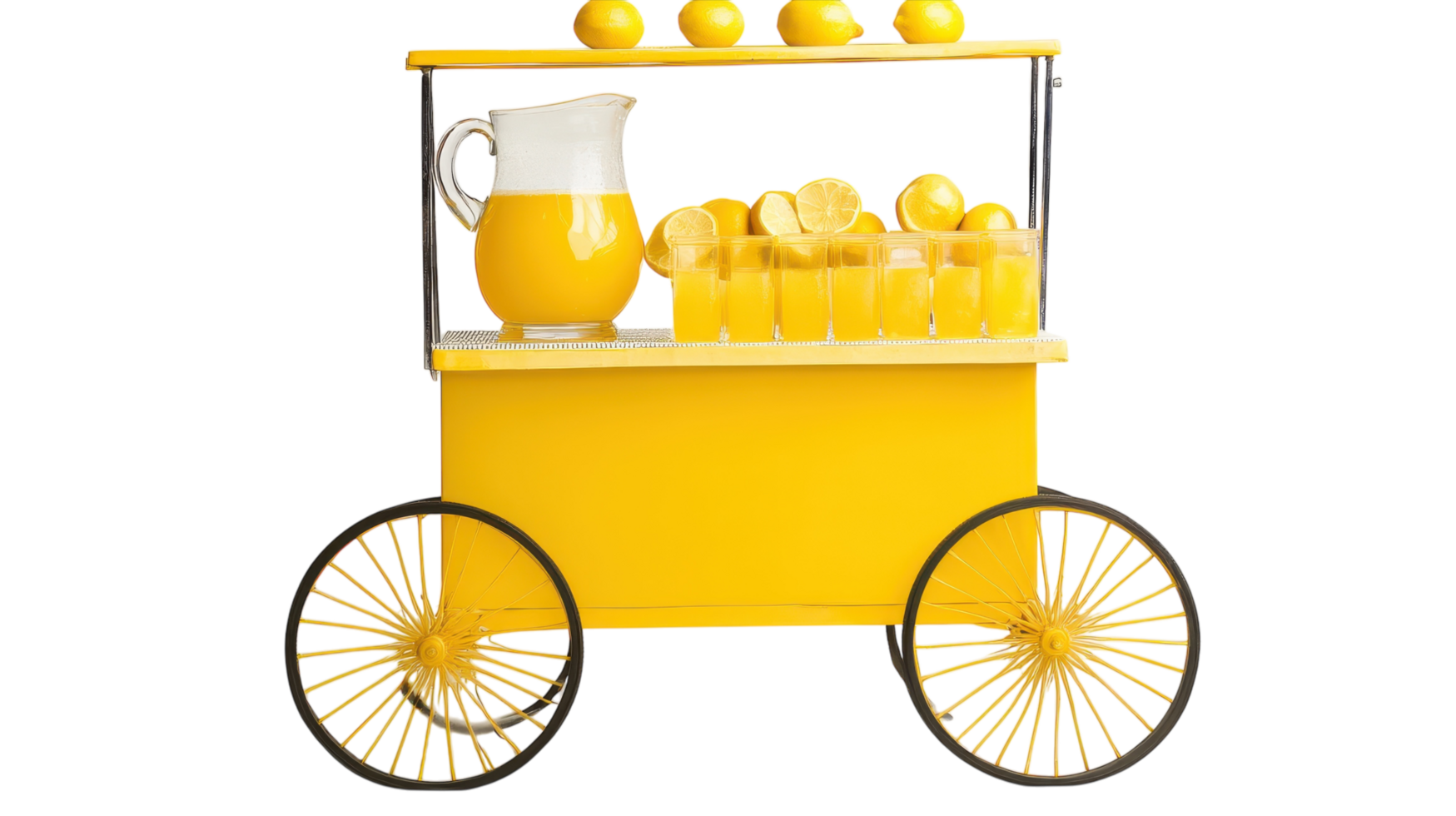 A Colorful Lemonade Stand Cart Displaying a Refreshing Pitcher of Lemonade Perfect for Summer Events and Family Gatherings. png