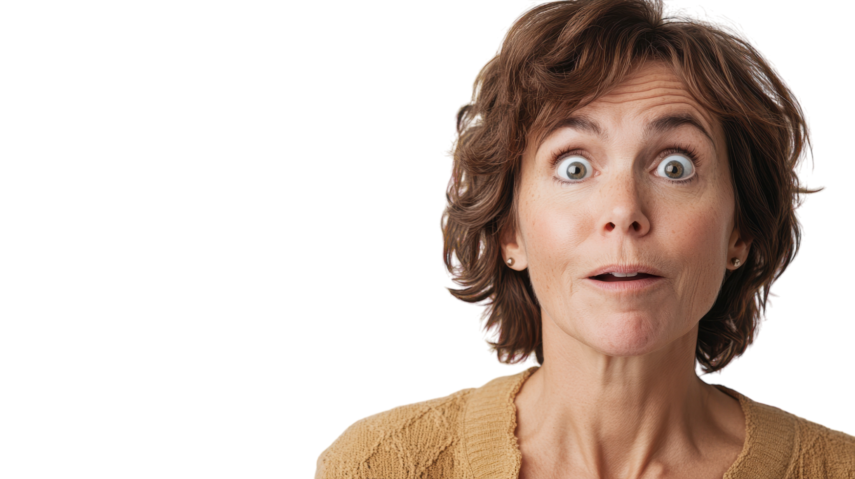 A mature woman expressing disbelief with her eyes, showcasing a range of emotions suitable for illustrating various narratives in articles, blogs, or marketing materials.. png