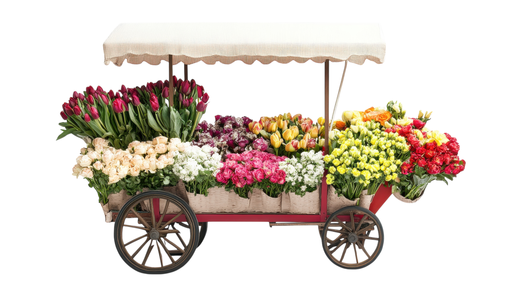 A Vibrant Mobile Flower Cart Displaying Freshly Arranged Bouquets Ideal for Outdoor Markets, Events, and Decorative Settings. png