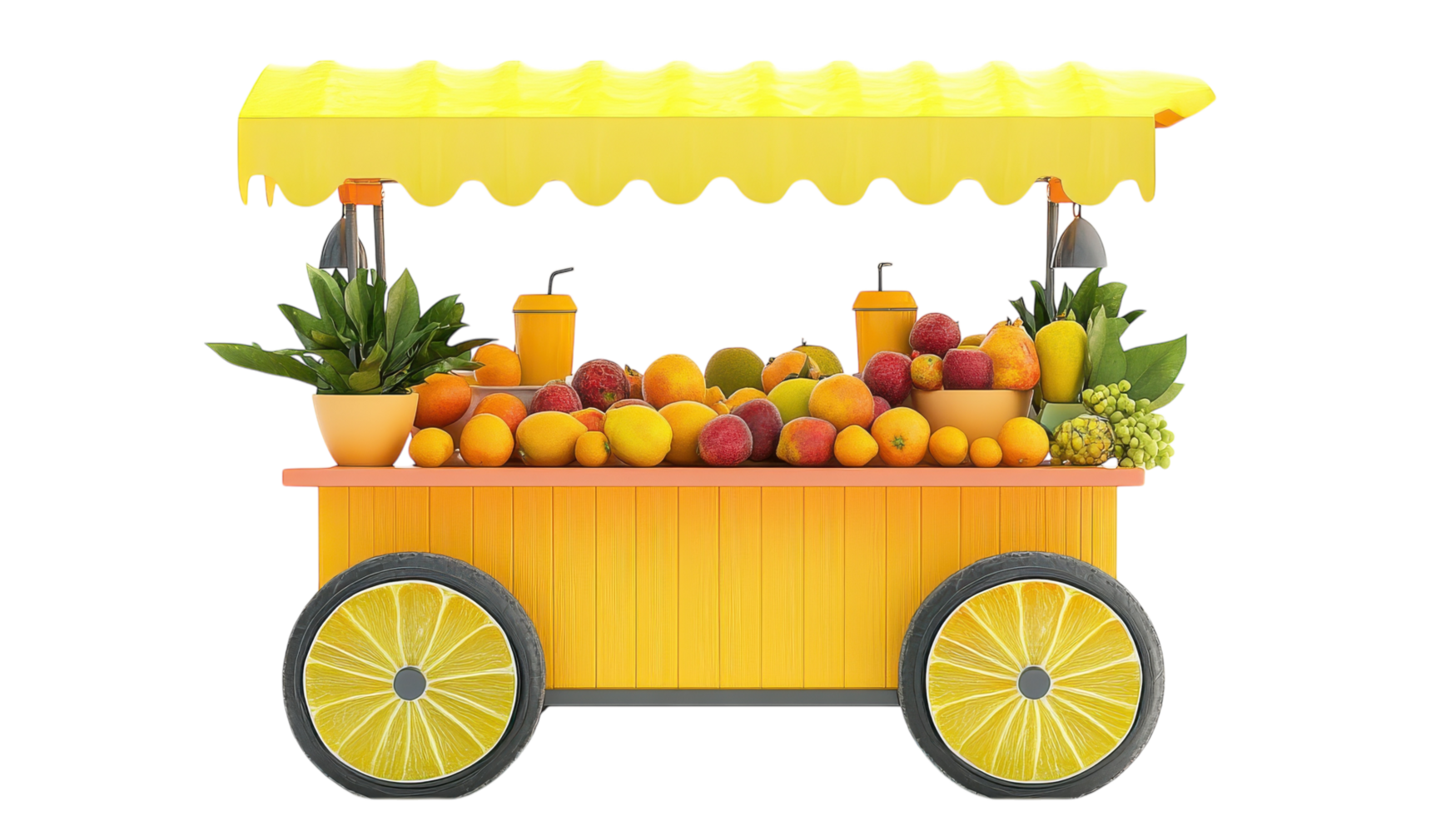 A Colorful Mobile Fruit Juice Cart Featuring Fresh Citrus Fruits Ideal for Outdoor Events and Vibrant Market Scenes. png