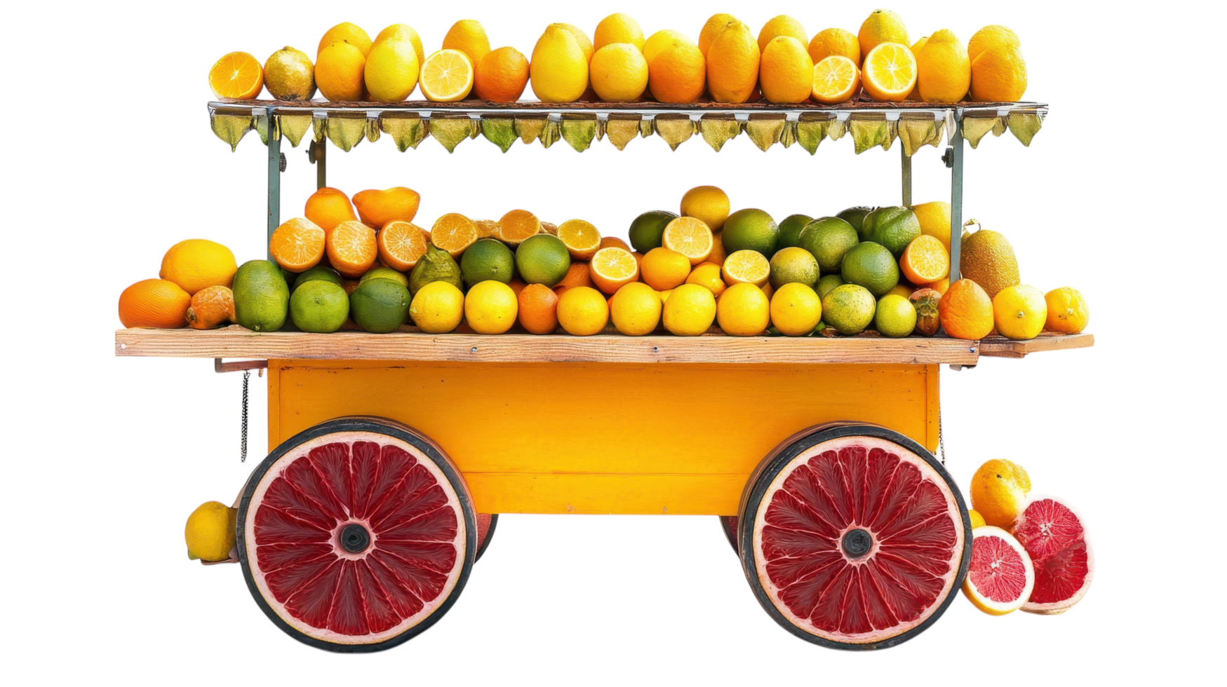 Mobile Fruit Juice Cart Surrounded by Bright Citrus Fruits Ideal for Summer Refreshments and Healthy Options. png