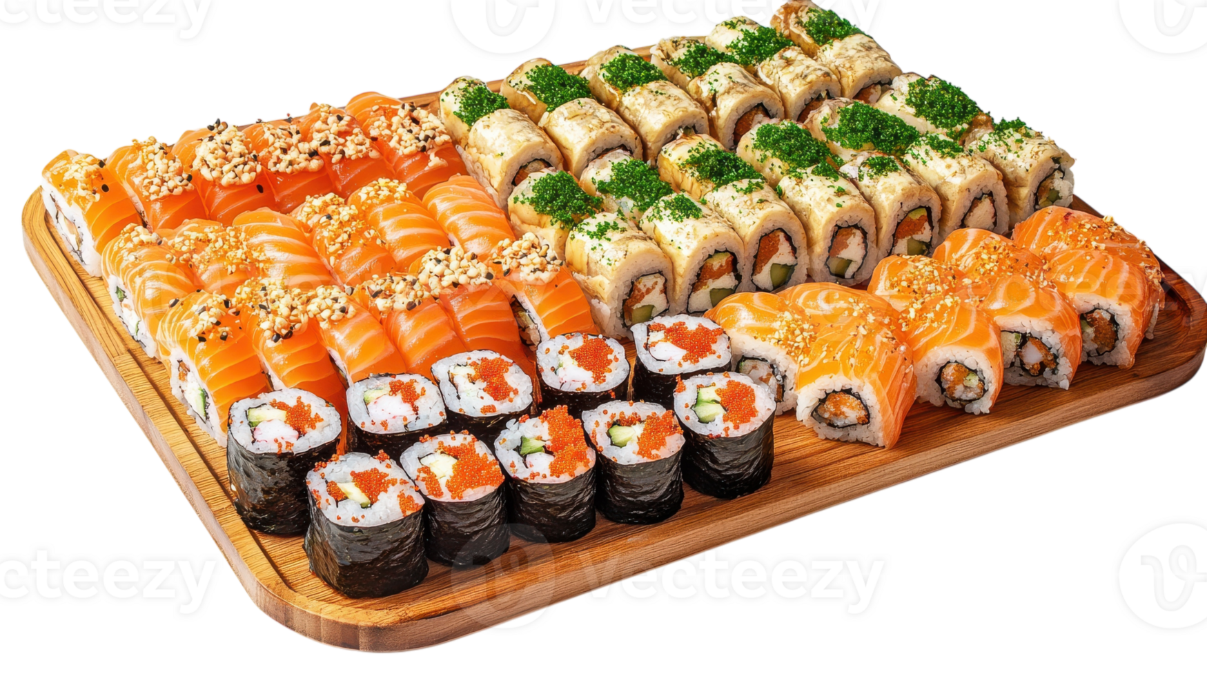 A Beautiful Arrangement of Various Sushi Rolls Presented on a Wooden Platter Ideal for Food Photography and Culinary Promotions. png