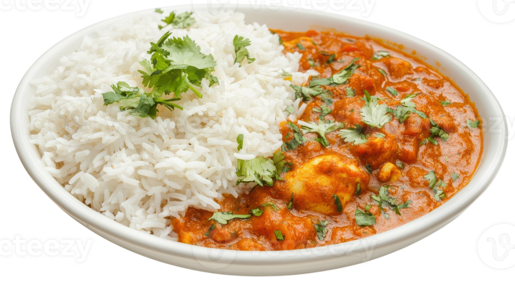 Delicious Chicken Curry with Steamed Rice Served on a Elegant White Plate Perfect for Culinary Creations and Menu Inspiration. png