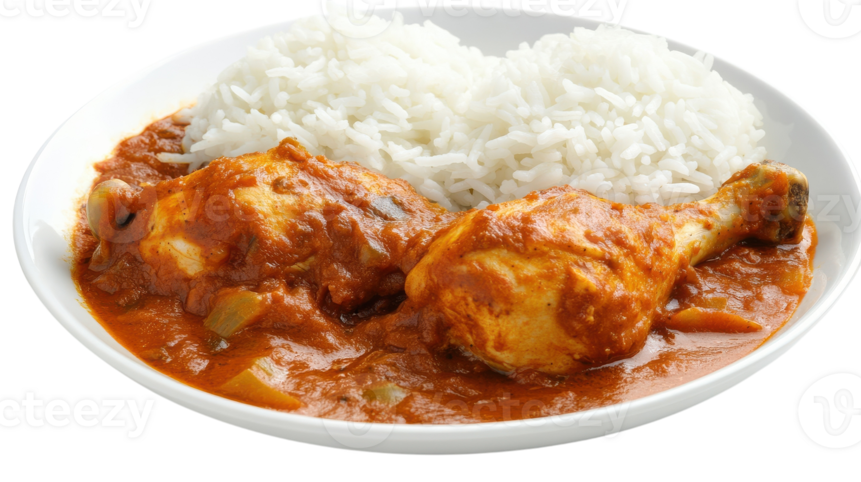 Delicious Chicken Curry Served with Steaming Rice on a White Plate - Perfect for Family Dinners or Meal Prep Ideas. png
