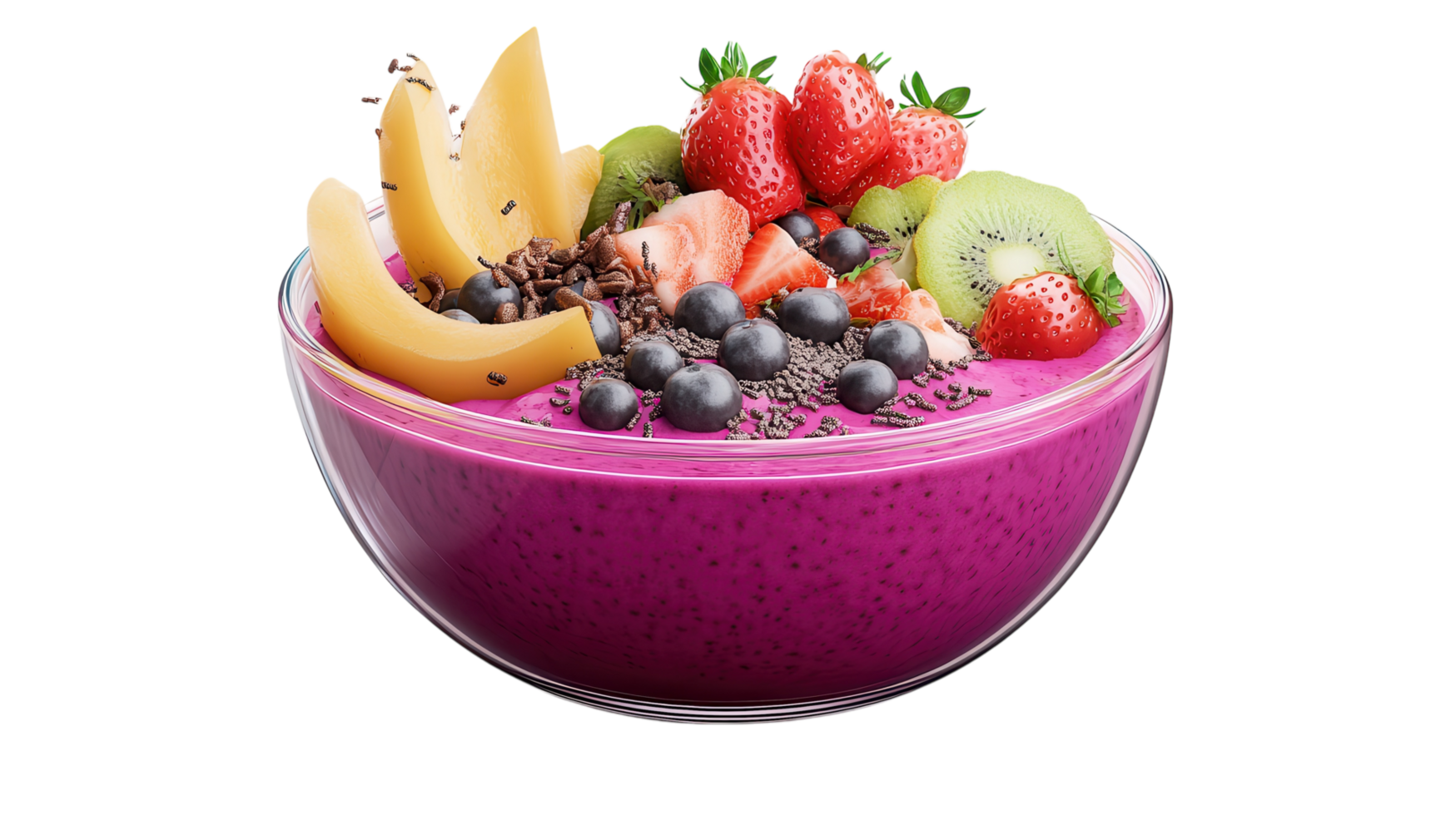 A bowl of purple smoothie with fruit and berries png