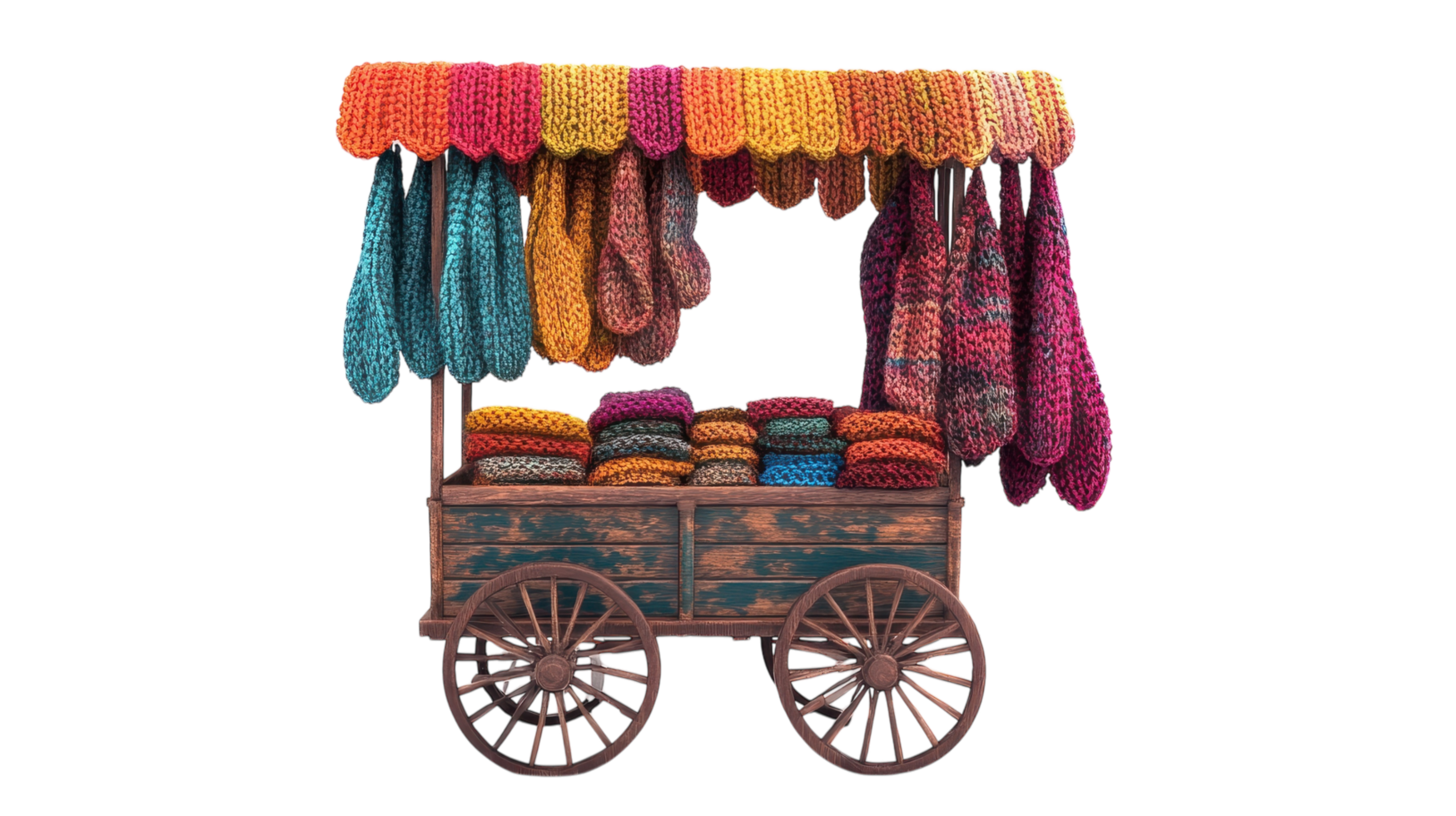 A cart with colorful knitted items on it png
