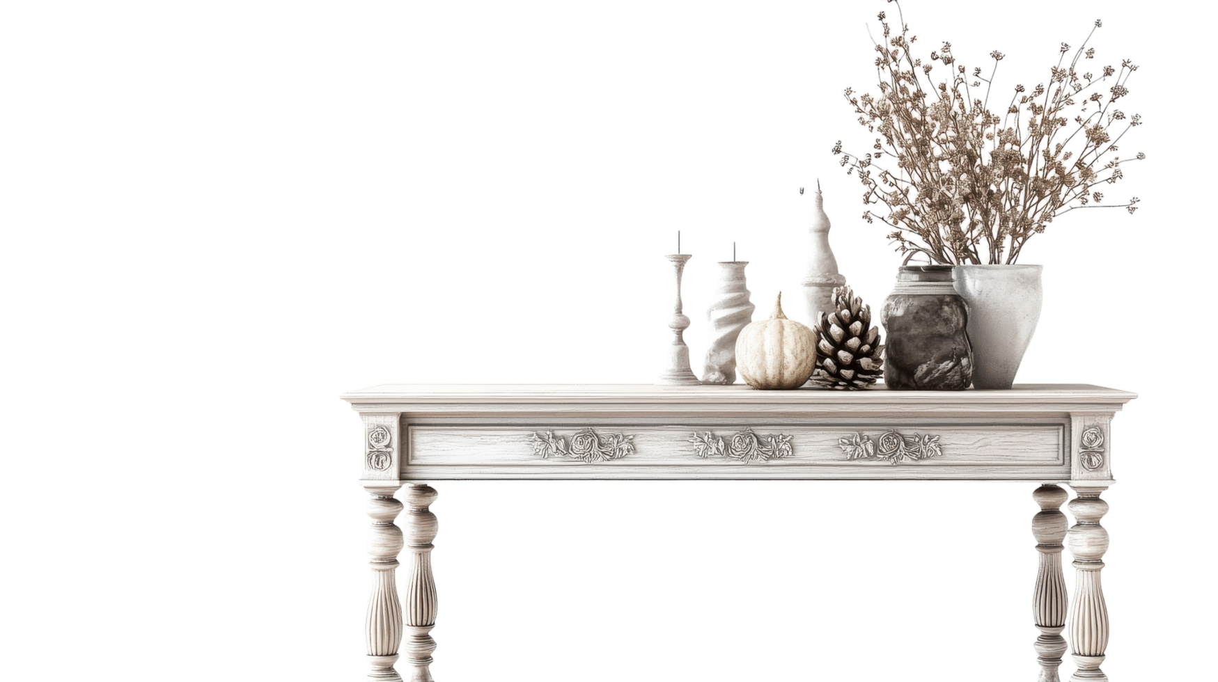 A white console table with vases and flowers png