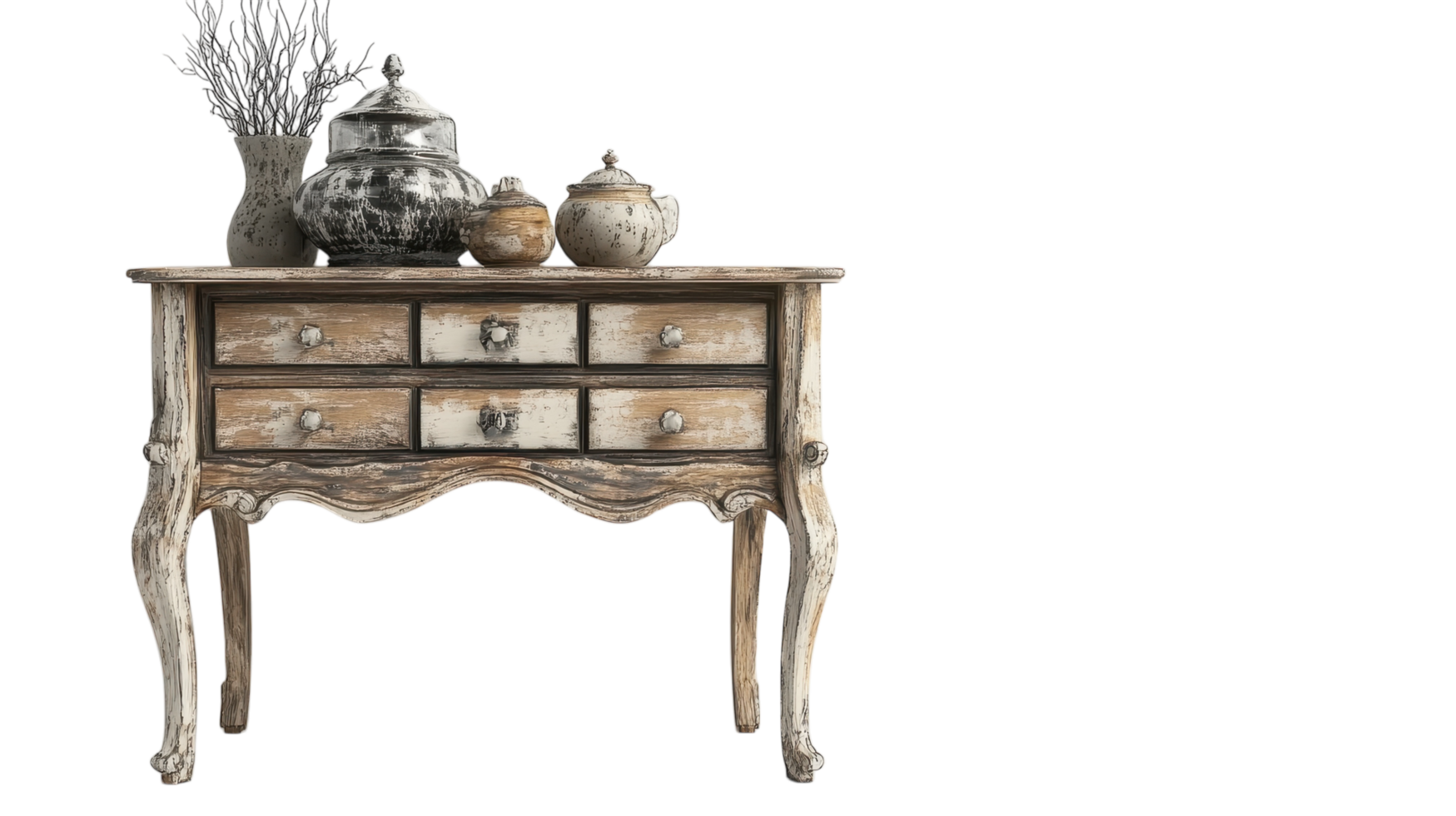 A small table with drawers and vases on it png