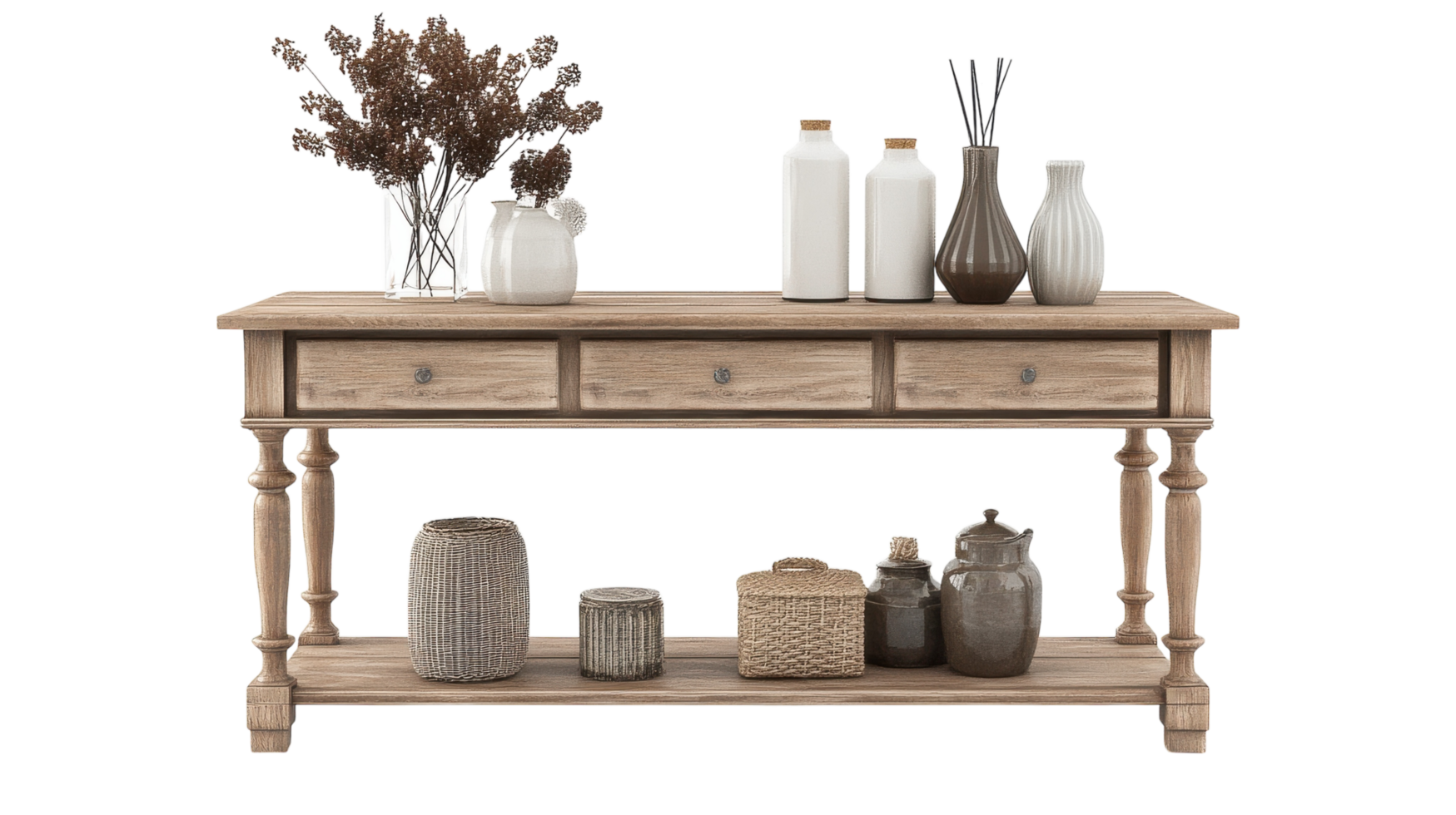 A console table with vases and candles on it png