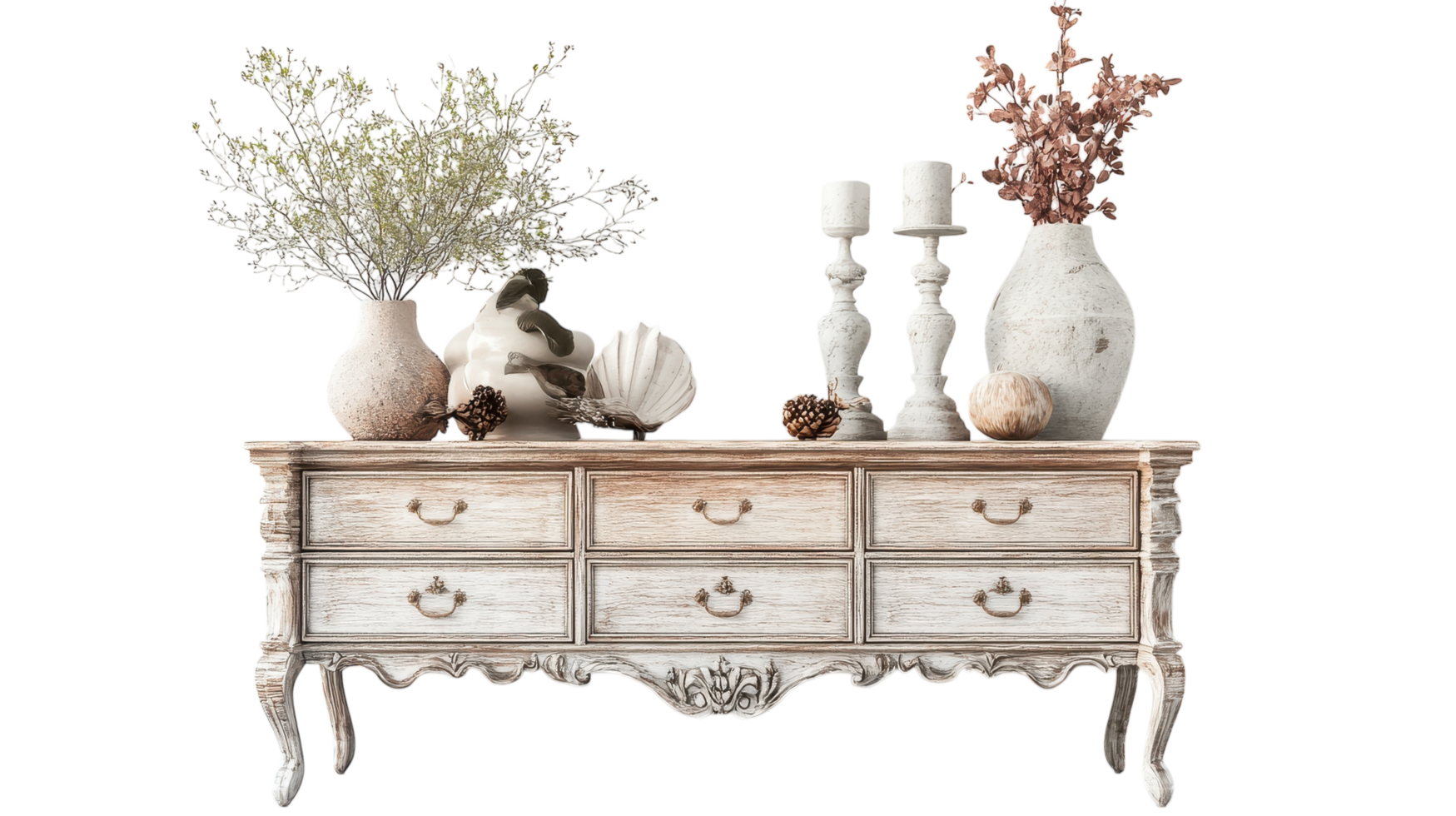 A dresser with vases and flowers on it png