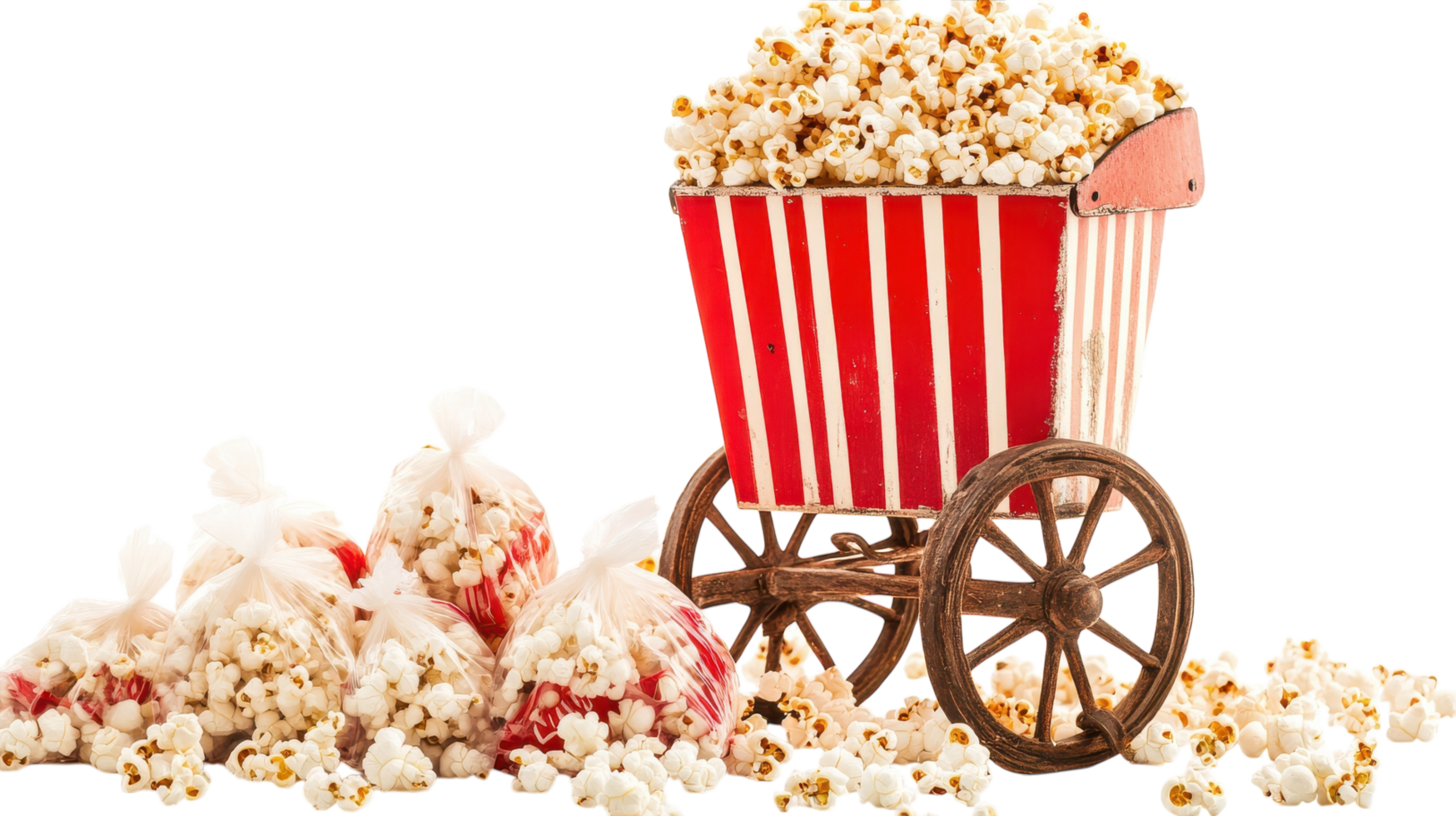 Popcorn in a wagon with a red and white bucket png