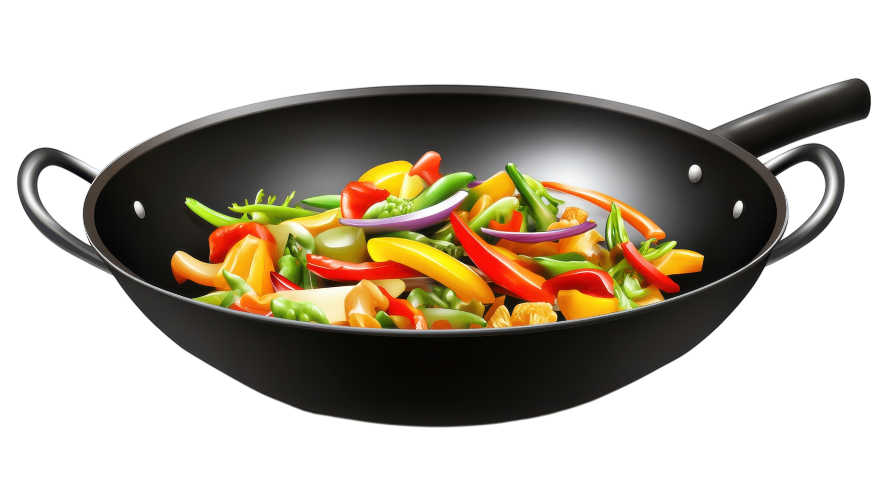 A wok with vegetables and peppers in it png