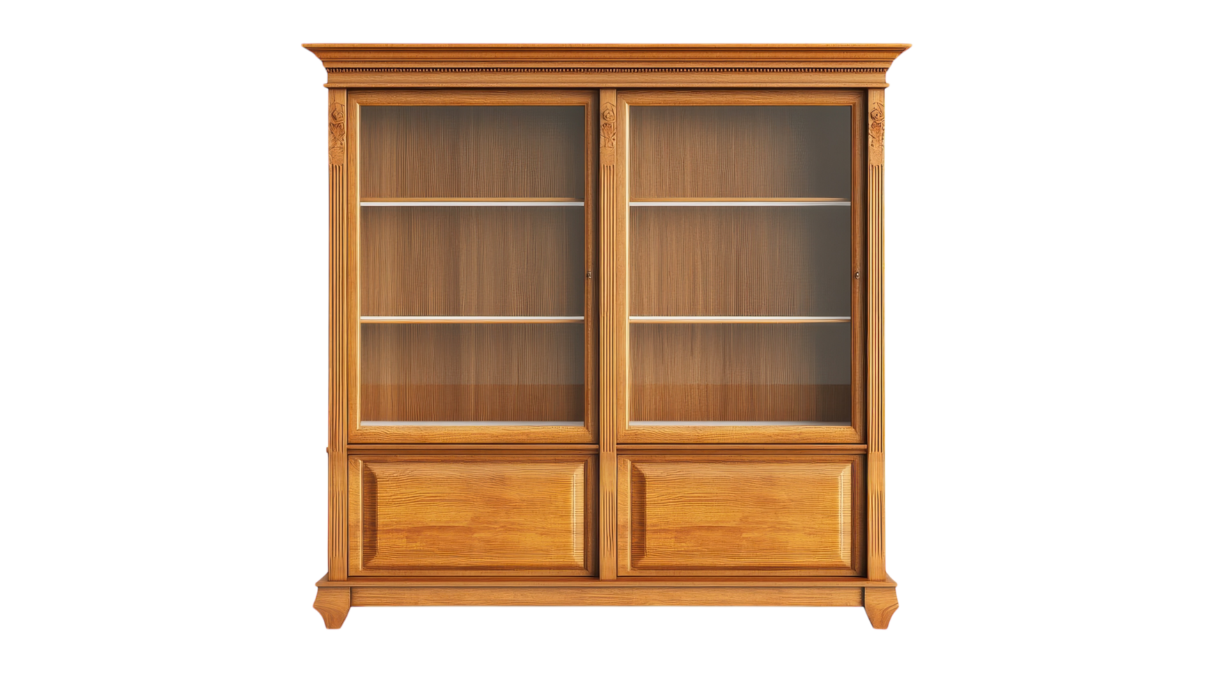 A wooden bookcase with glass doors png