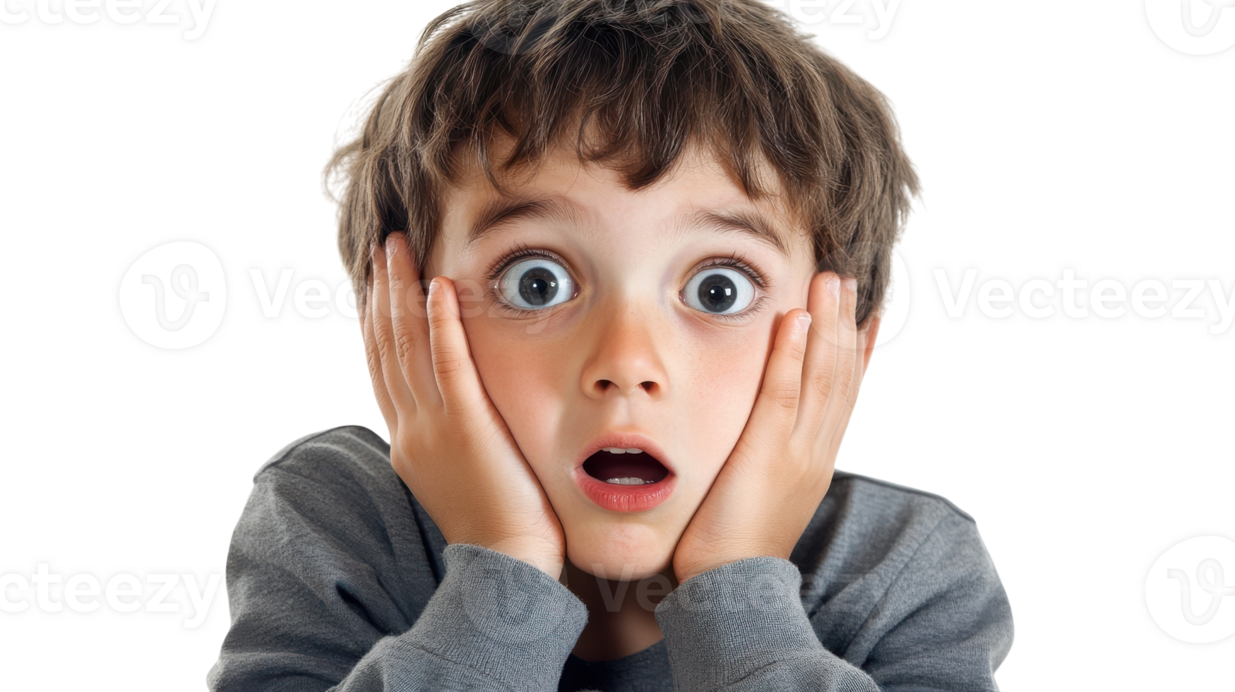 A young boy is holding his hands to his face png