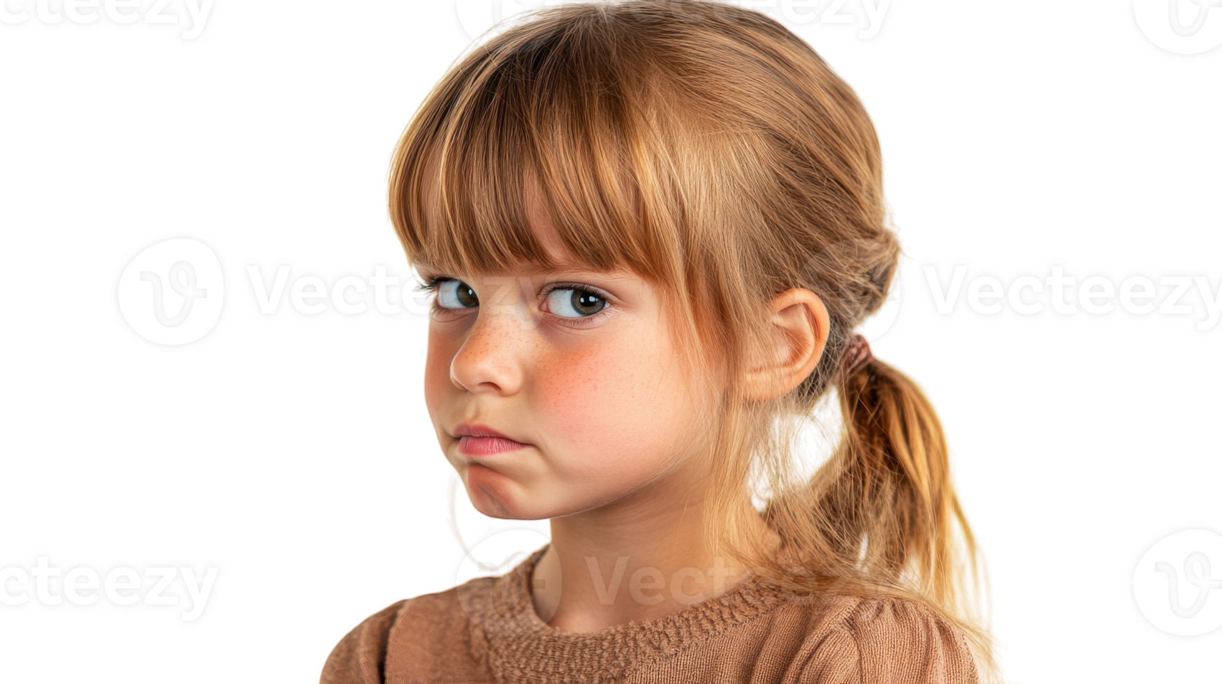 A little girl with a ponytail and a brown shirt png
