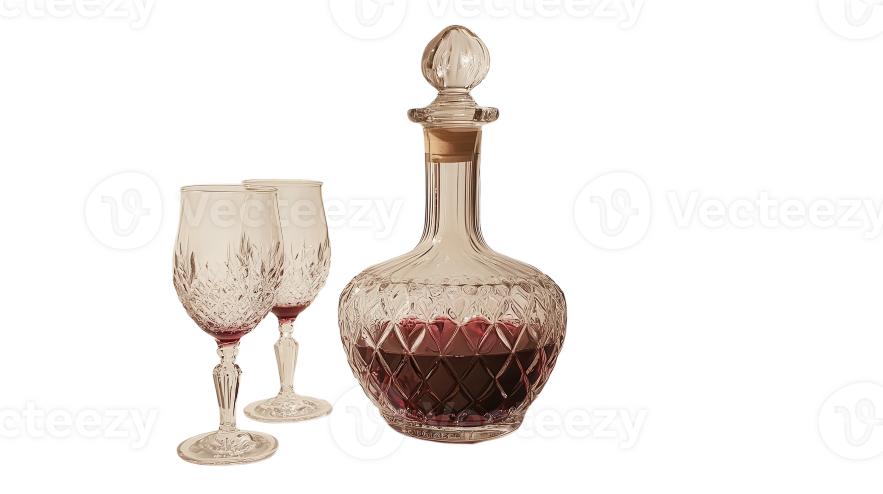 A decanter and two wine glasses on a black background png