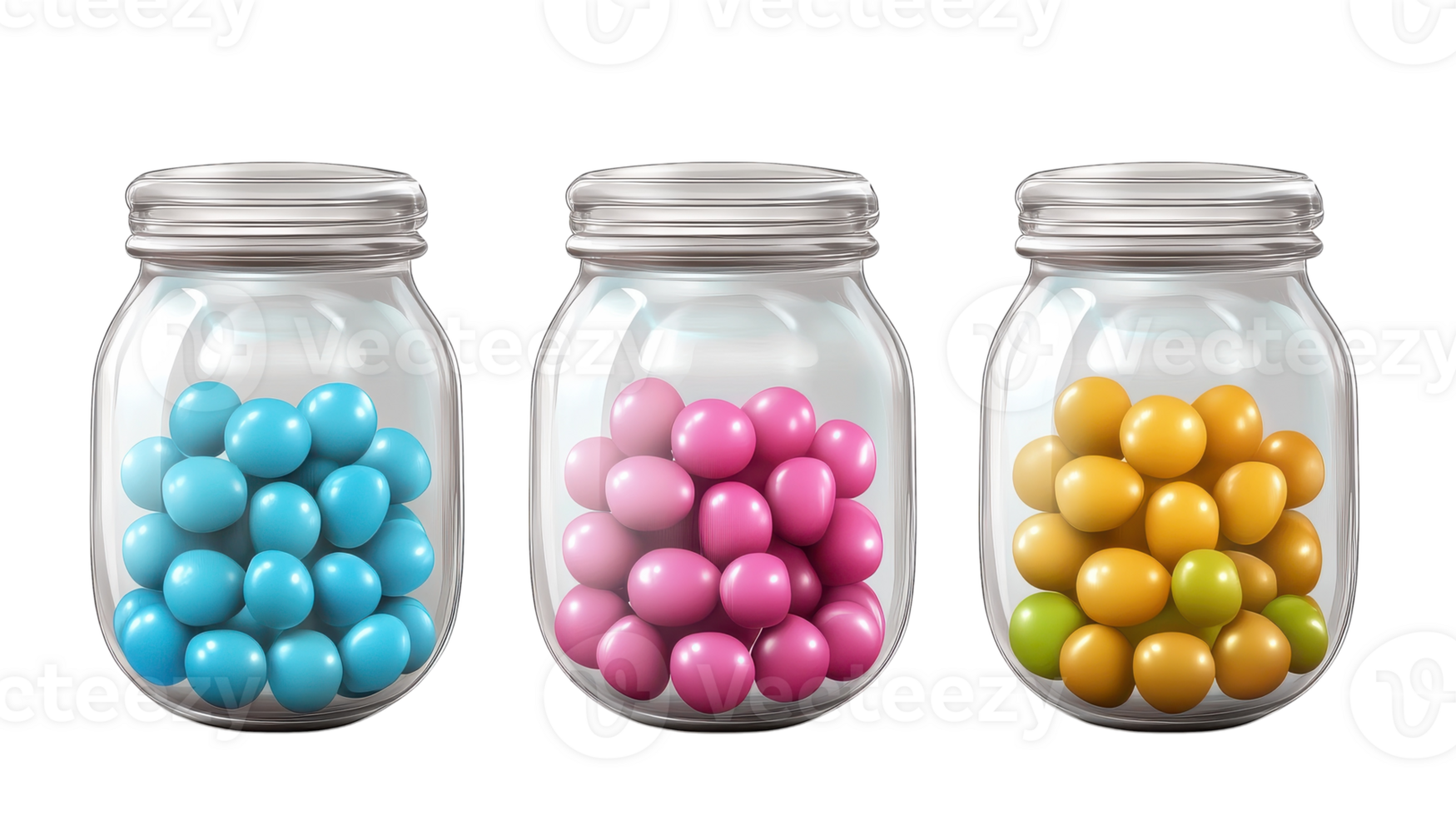 Three glass jars filled with colorful candies png