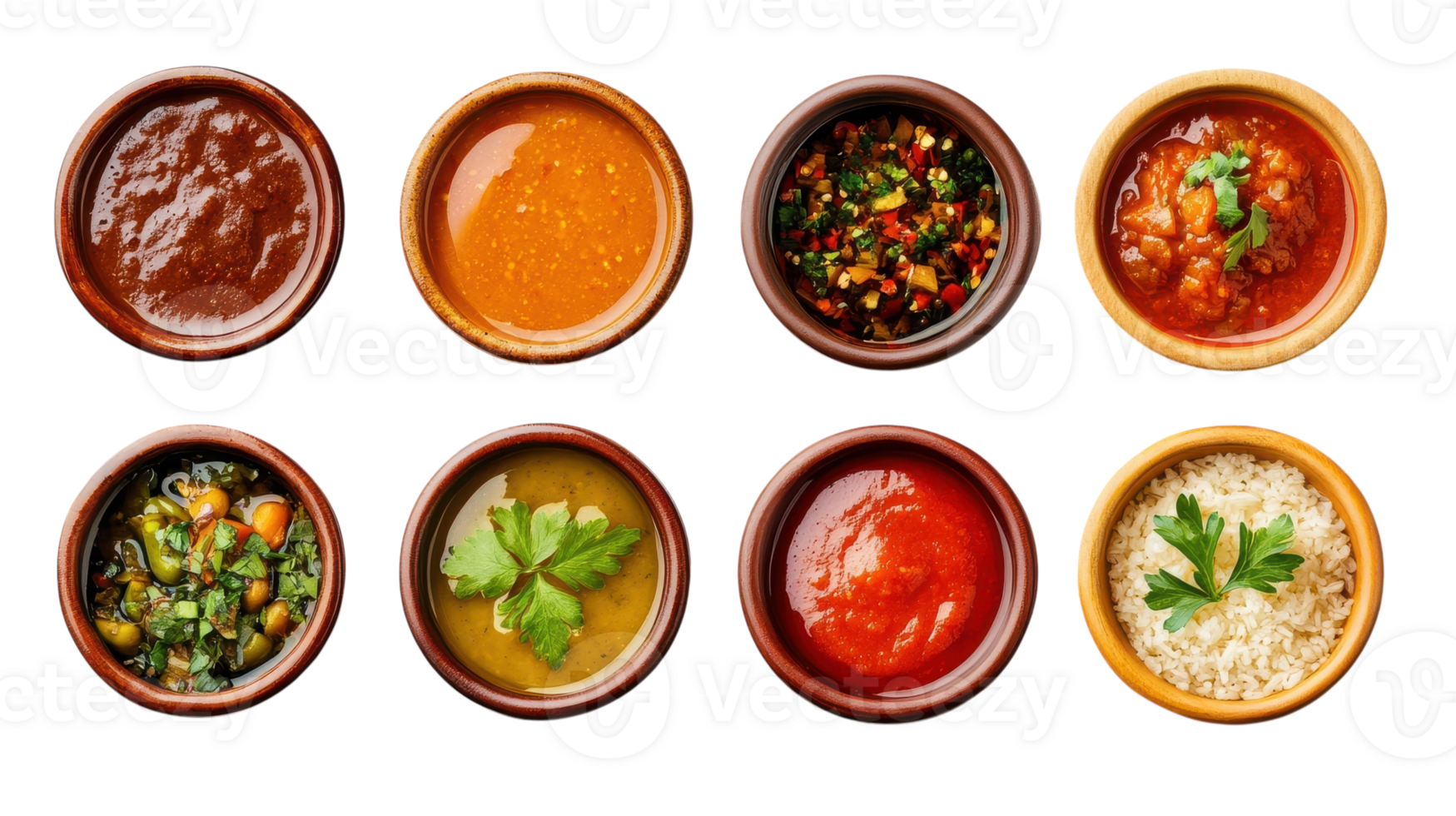 A collection of different sauces in bowls png