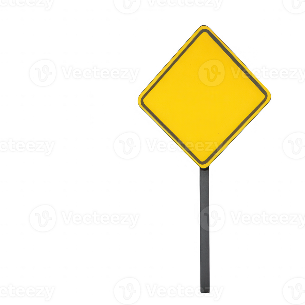 A blank yellow warning sign on a black pole against a white background. png